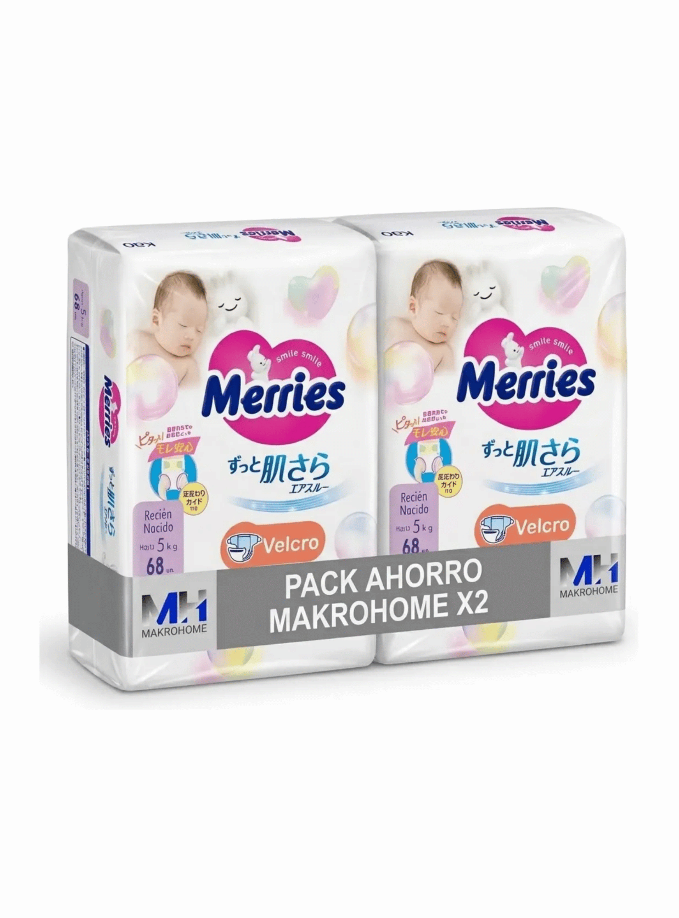 Panales Merries Talla Rn Recien Nacido Cintas Pack X2 136 Unidades-0