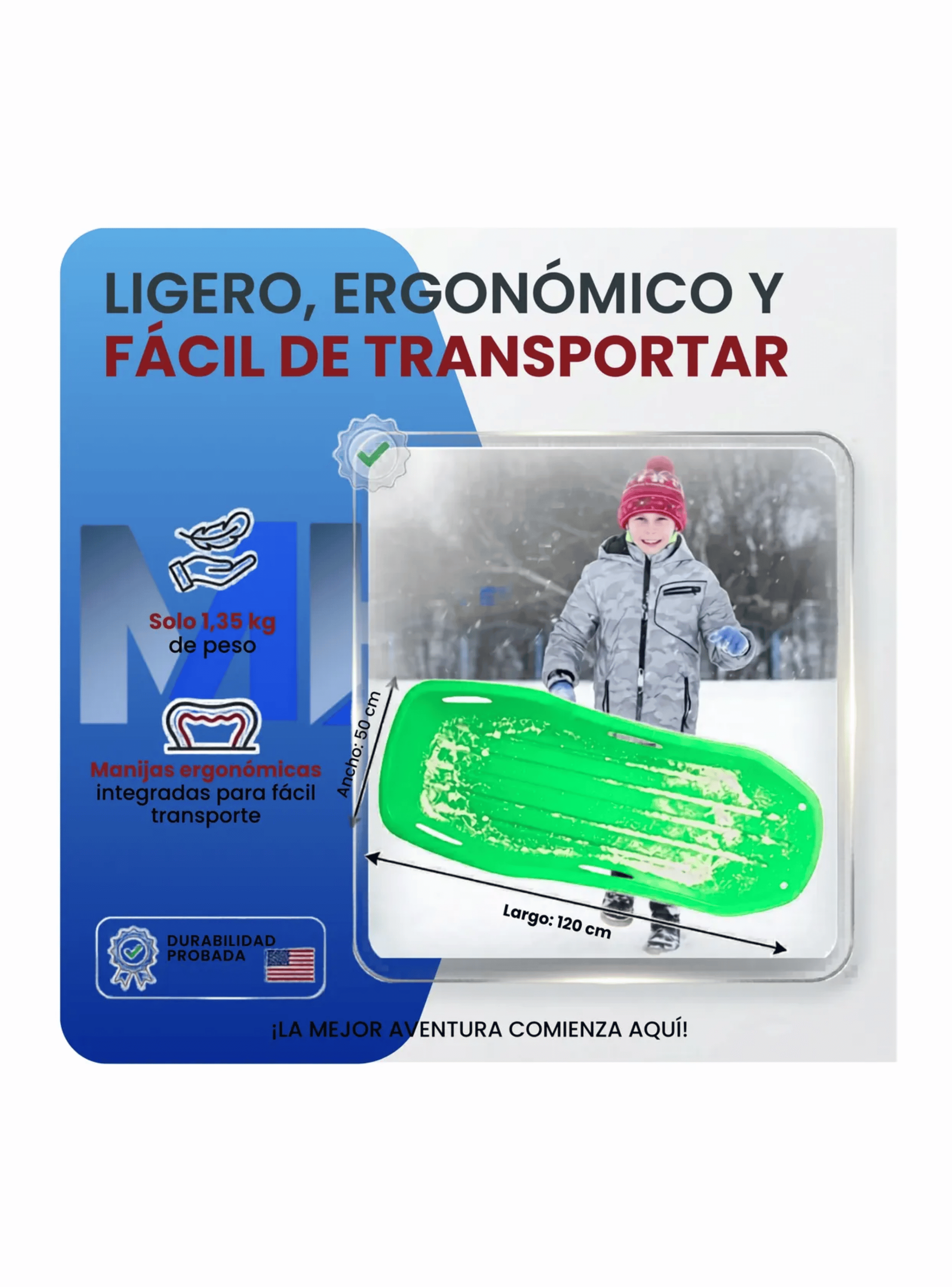 Trineo Nieve Deslizador Infantil Adulto 2puestos 120 Cm Verde-2