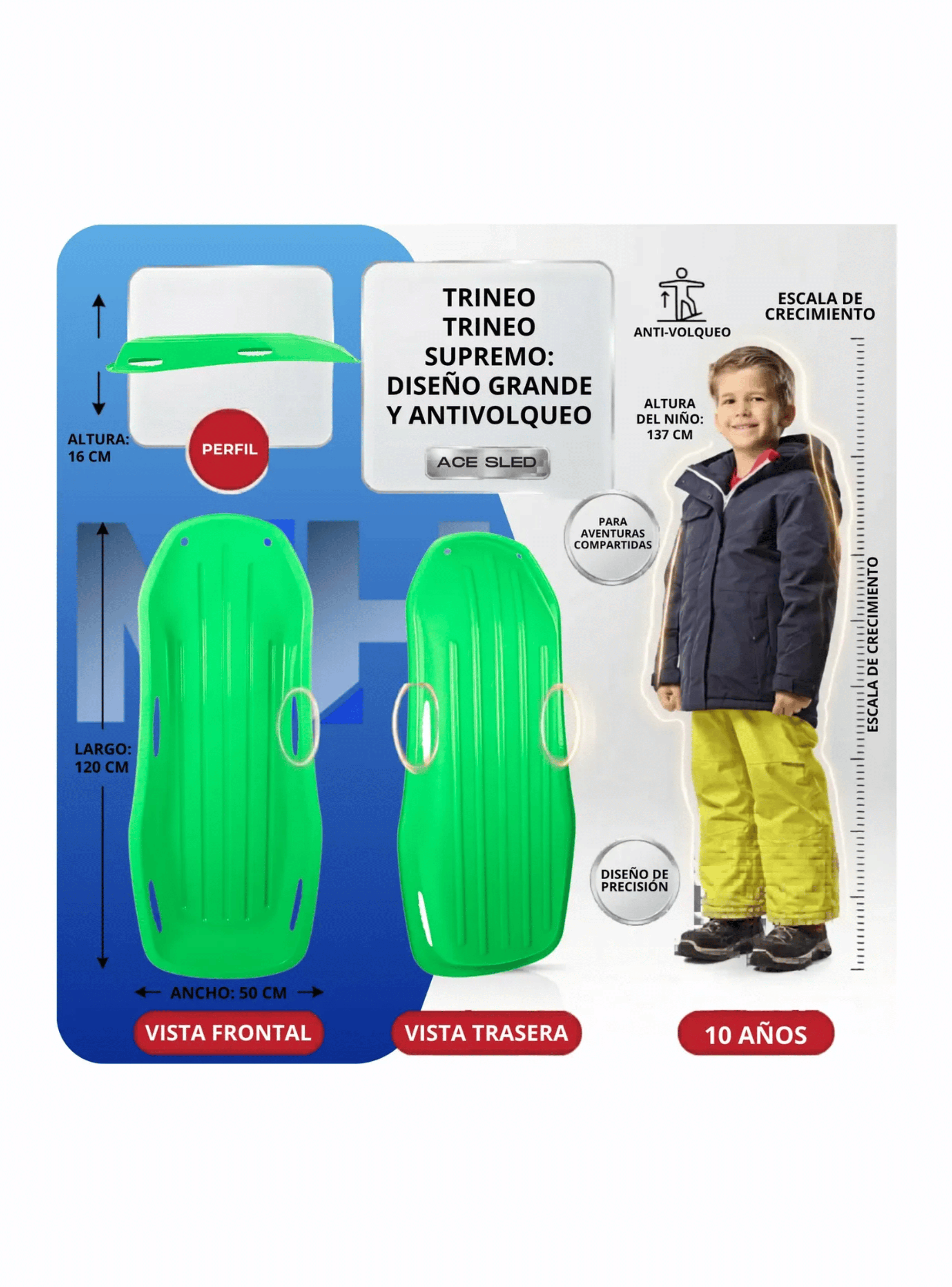 Trineo Nieve Deslizador Infantil Adulto 2puestos 120 Cm Verde-6