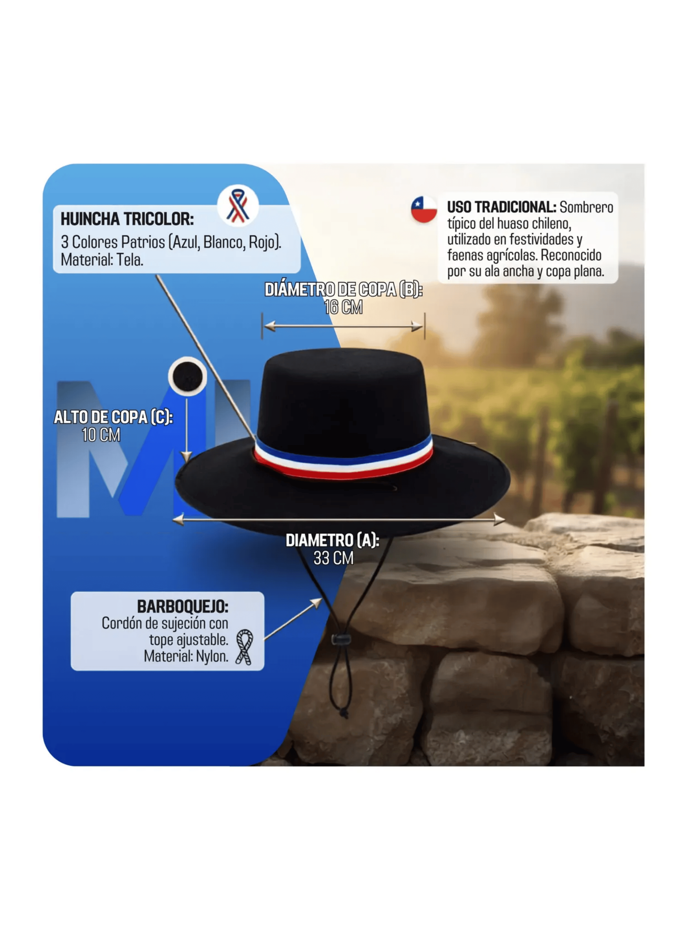 Sombrero Chupalla De Huaso Tradicional Con Cinta Tricolor X6-4