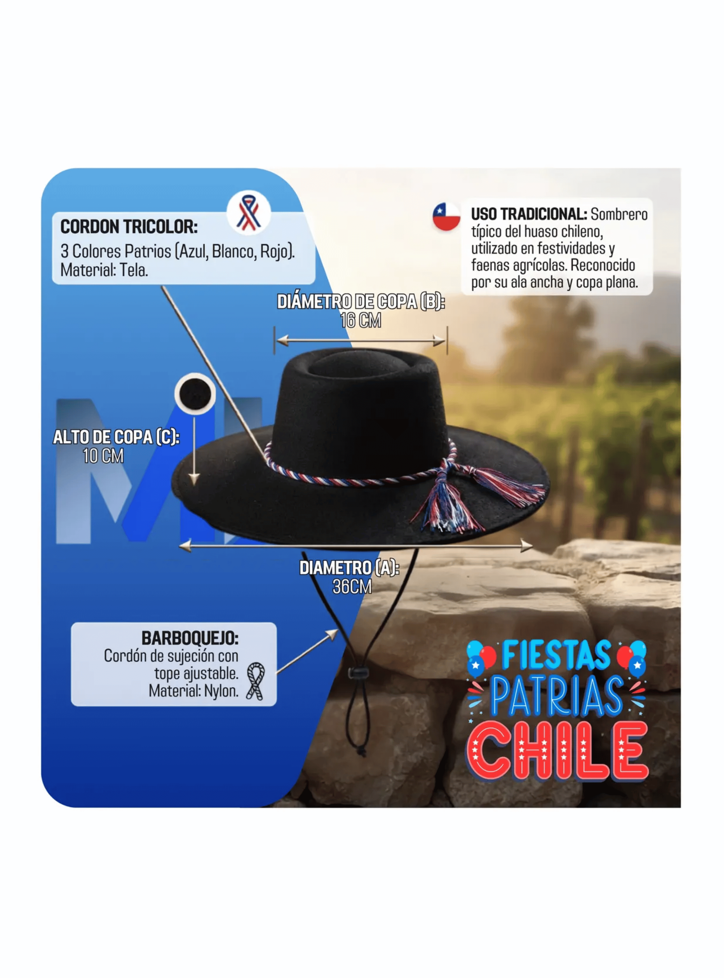 Sombrero De Huaso Negro Ala Ancha Con Cord n Tricolor 36 Cm-7