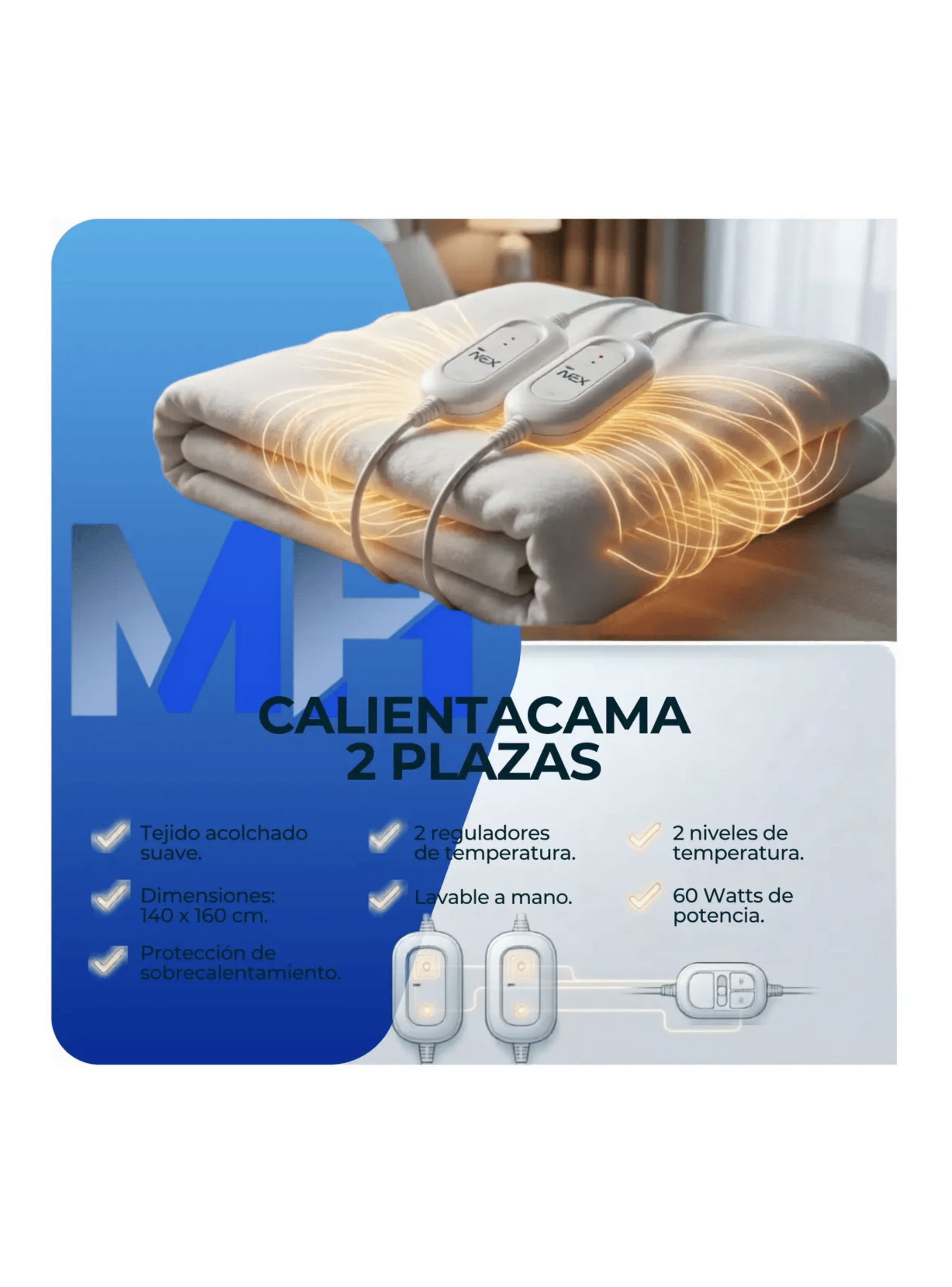 Pack X2 Calientacama 2 Plazas Nex 2x60w Cc2504 Blanco-2