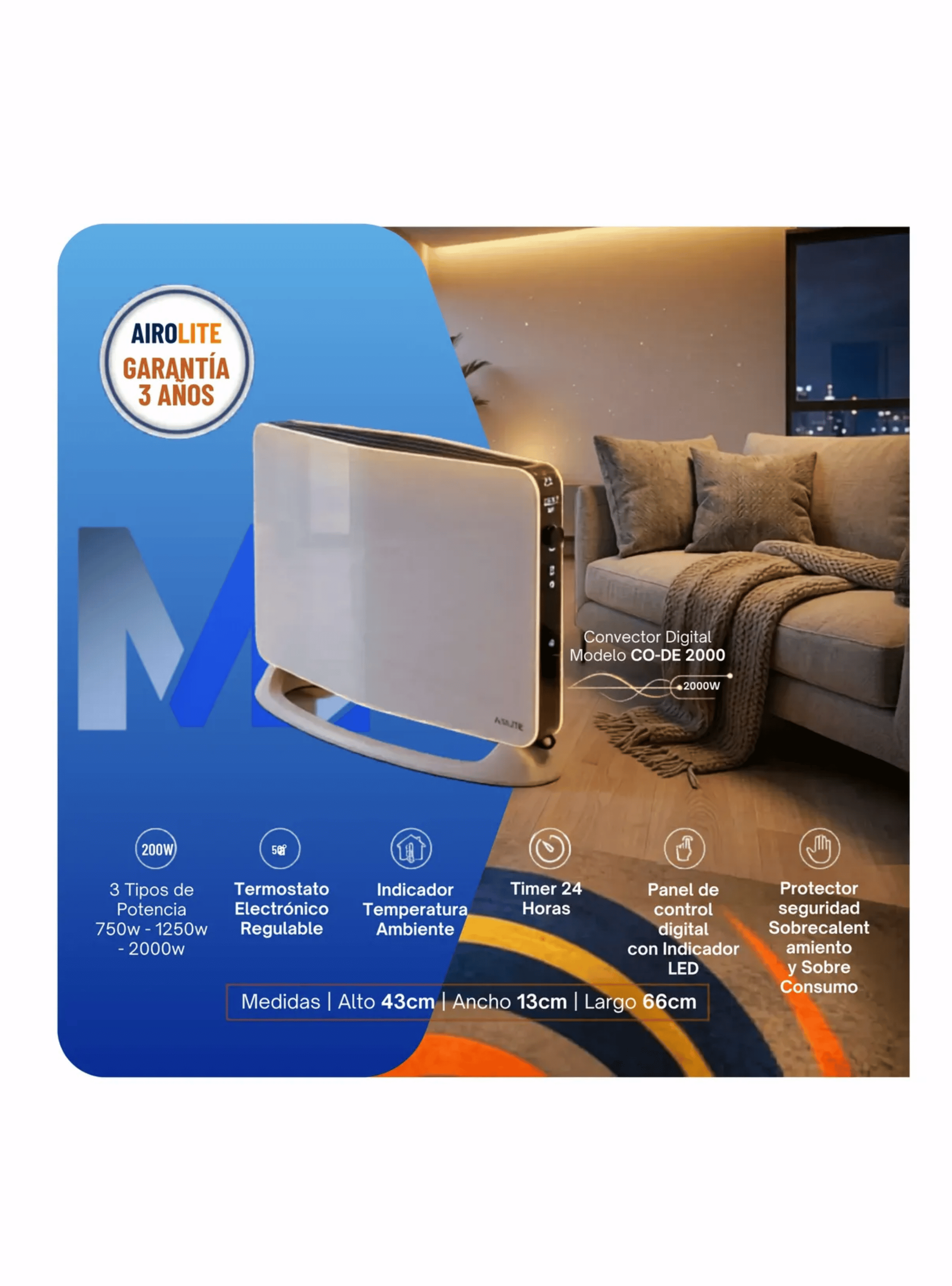 Convector Electrico Digital Airolite 2000w Con Timer 24h wi fi-4