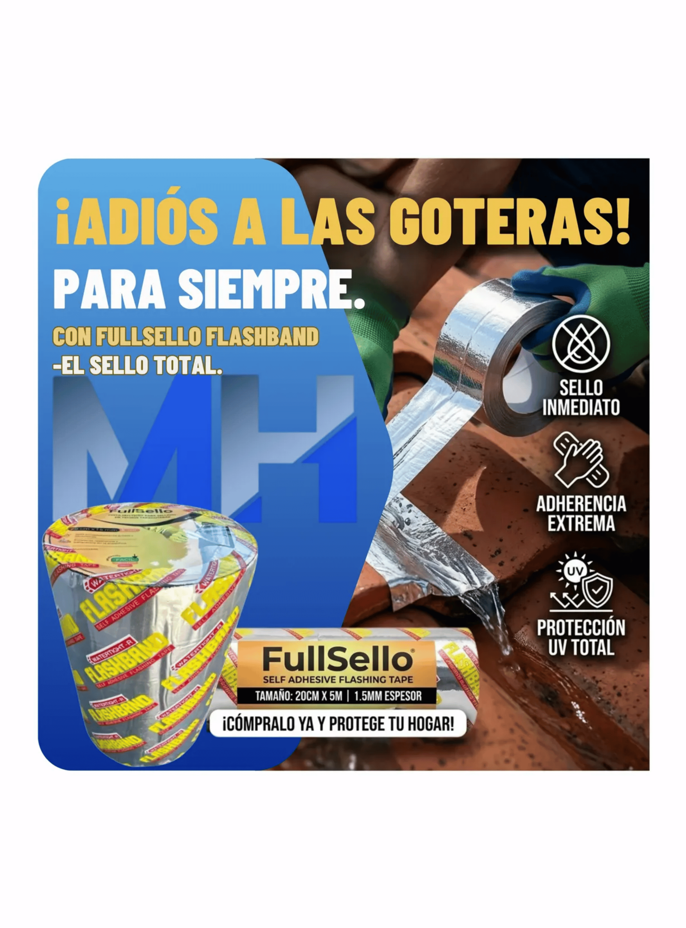 Cinta Tapagotera Asf ltica Aluminizada 20cmx5mt Impermeable-3