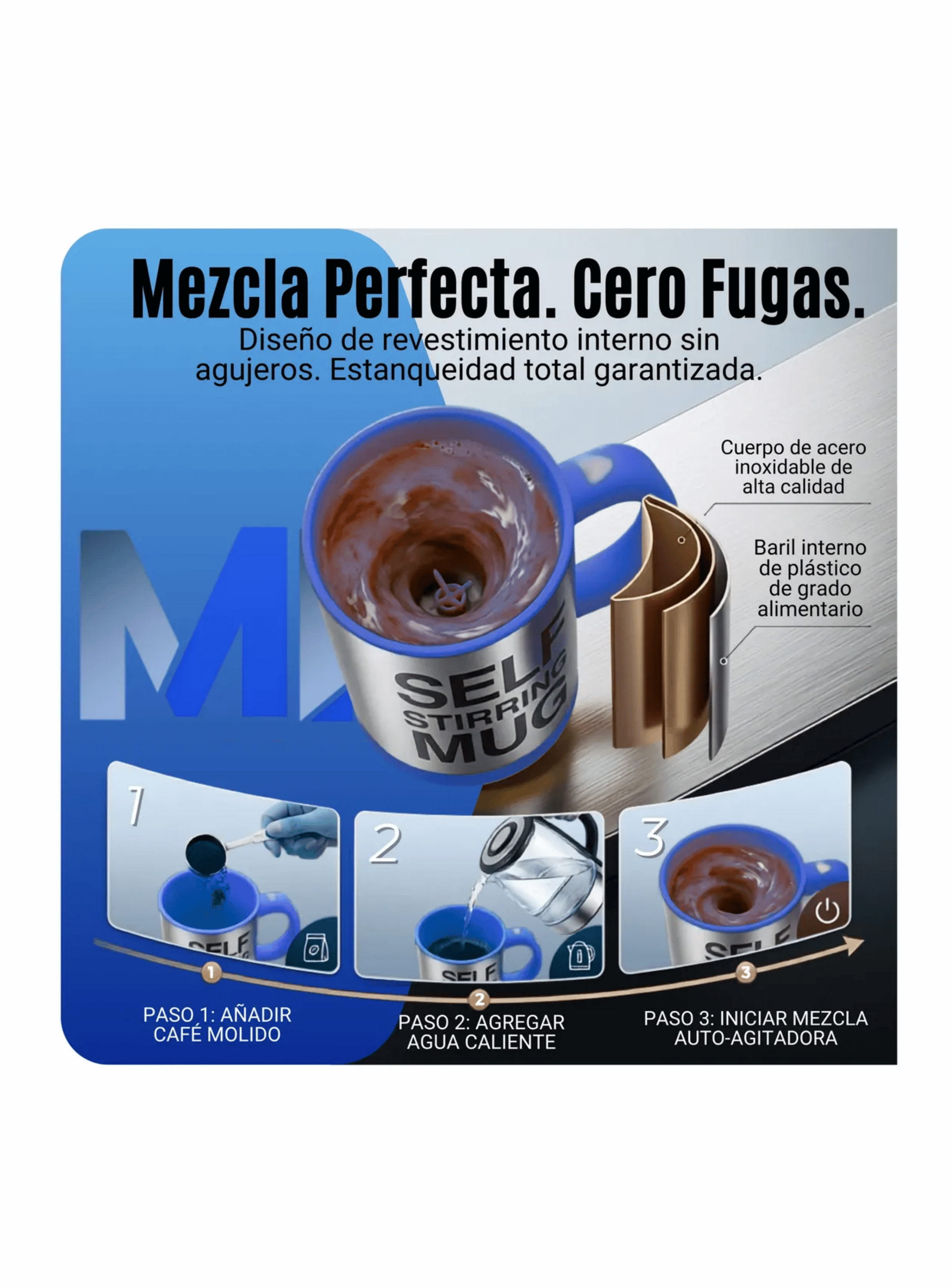 Taza Mezclador Cafe Batido Agitador Electrico Termico 450ml Azul-3