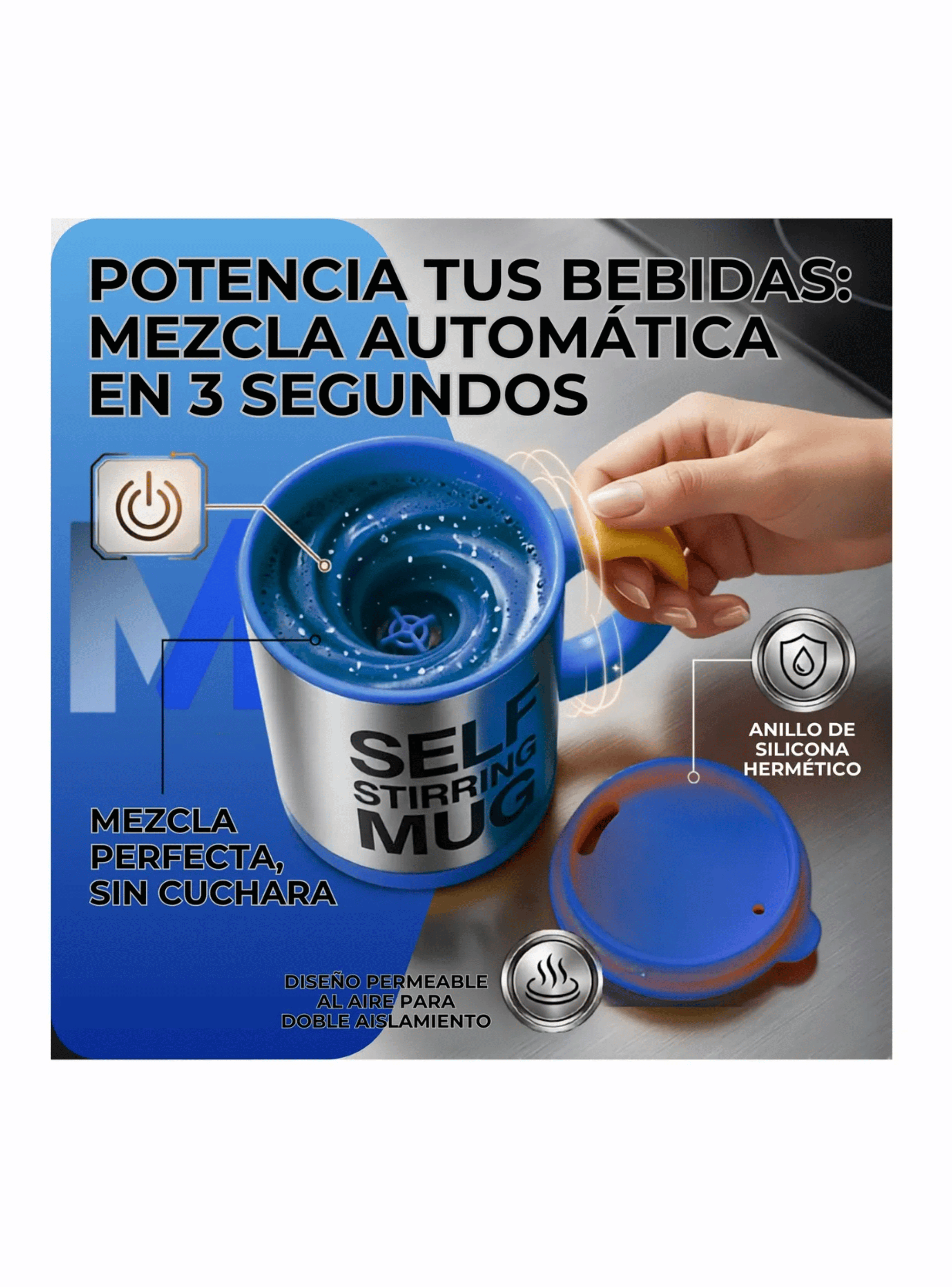 Taza Mezclador Cafe Batido Agitador Electrico Termico 450ml Azul-4