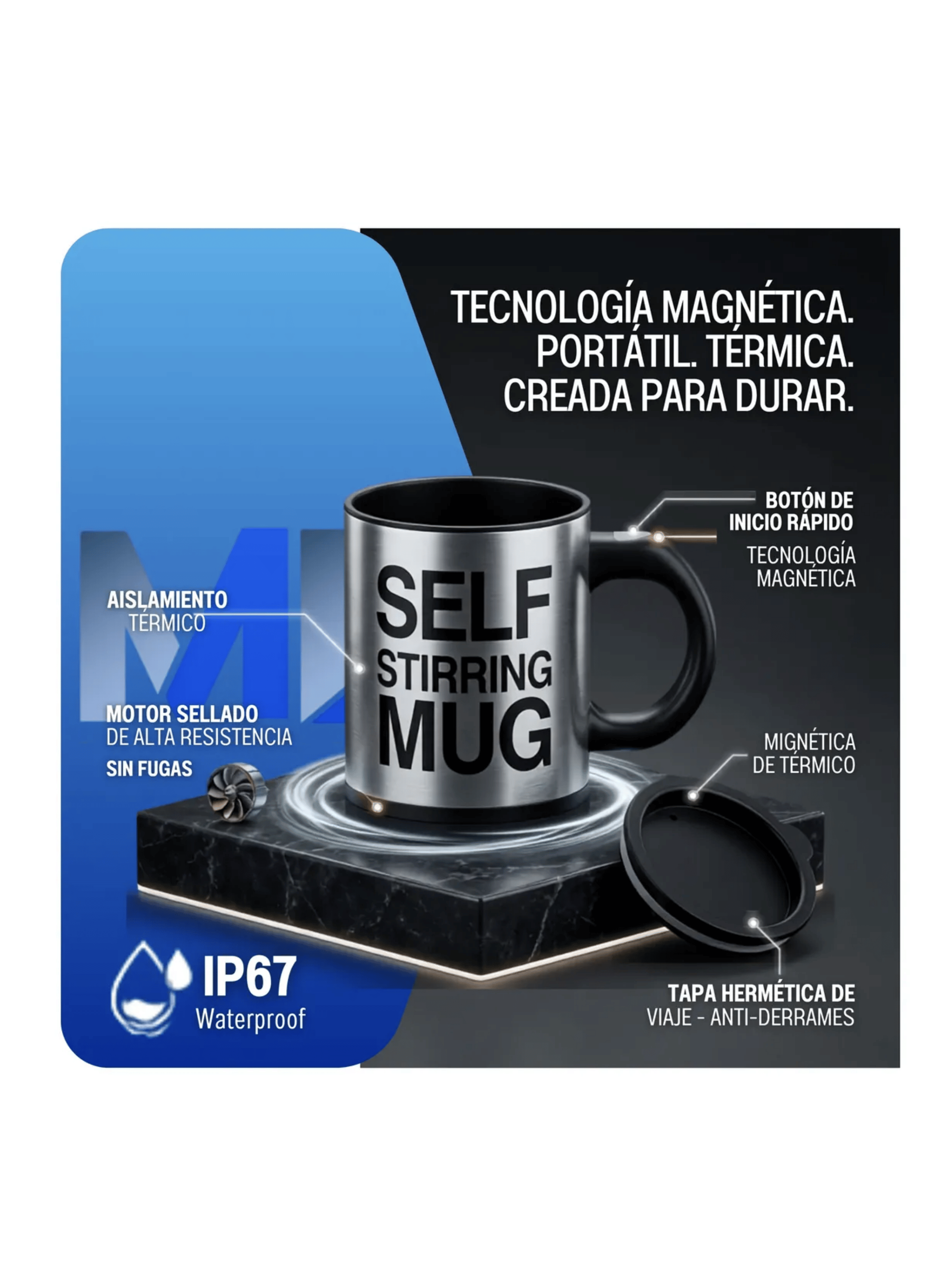 Taza Mezclador Cafe Batido Agitador Electrico Termico 450ml Azul-6