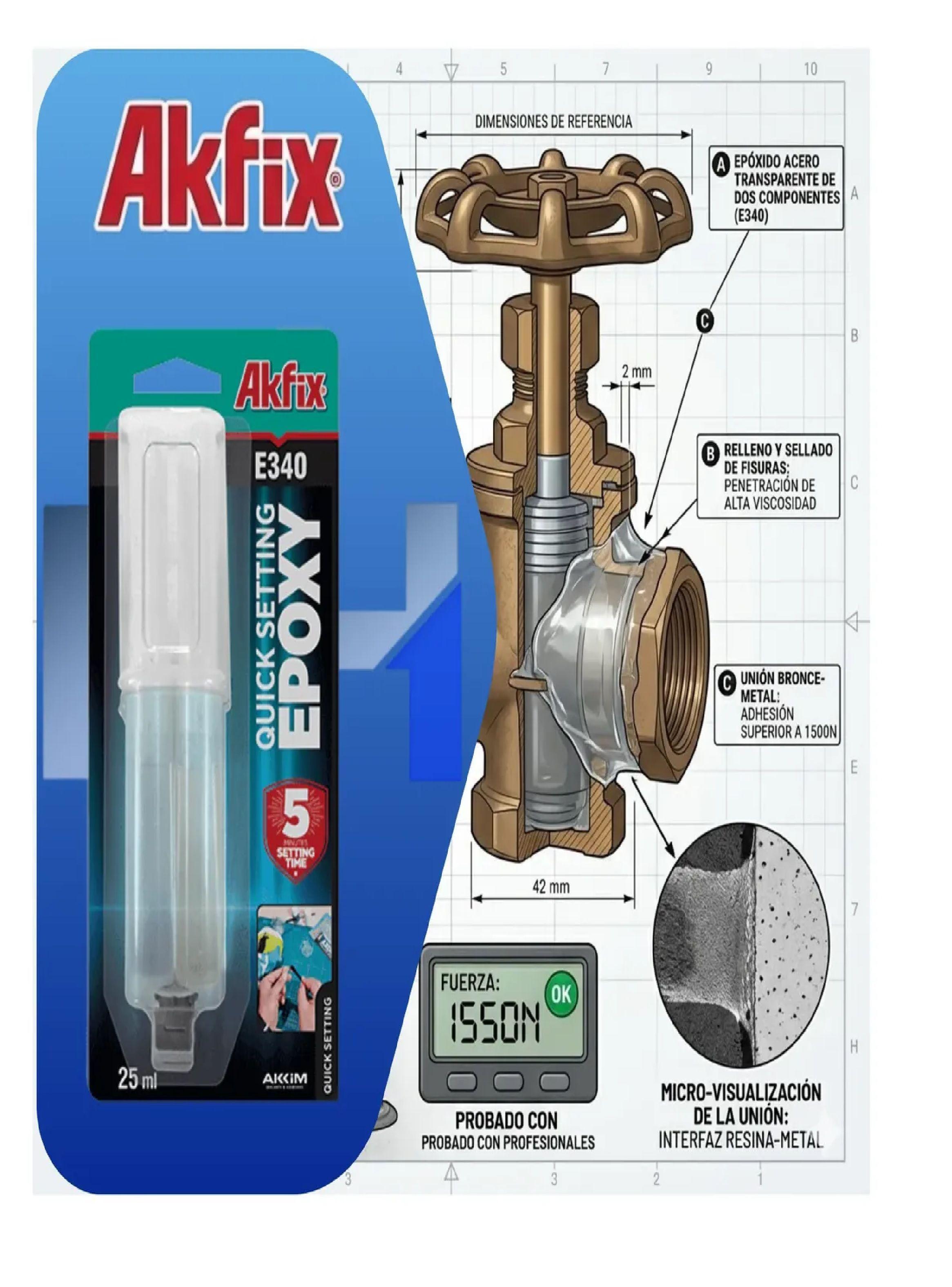 Caja 12 Adhesivo Epoxi Multiuso Akfix E340 Jeringa 25ml Pro-3