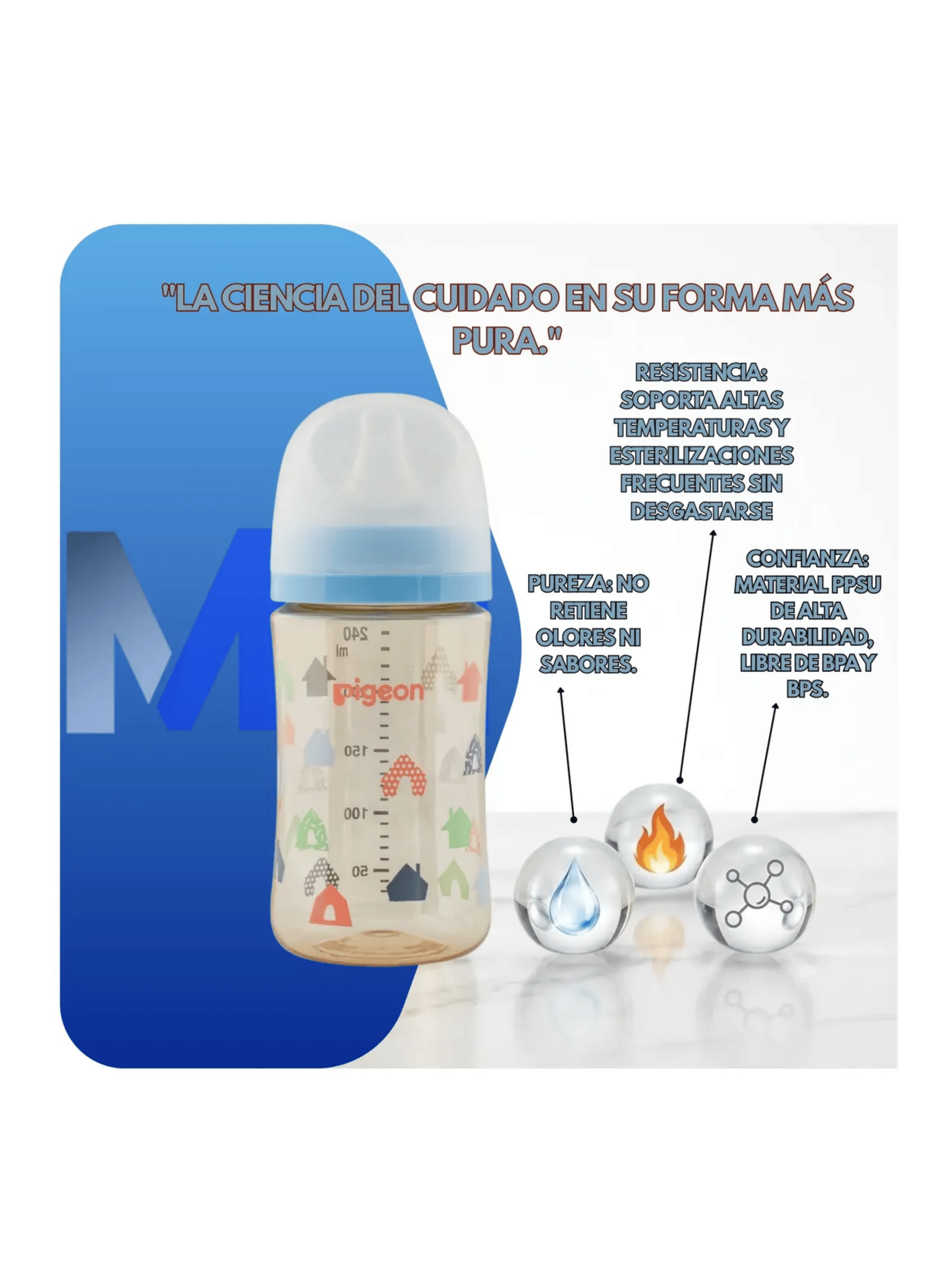 Biberon mamadera Softouch Pigeon Ppsu 240ml Diseño Anticolico Azul Claro-3