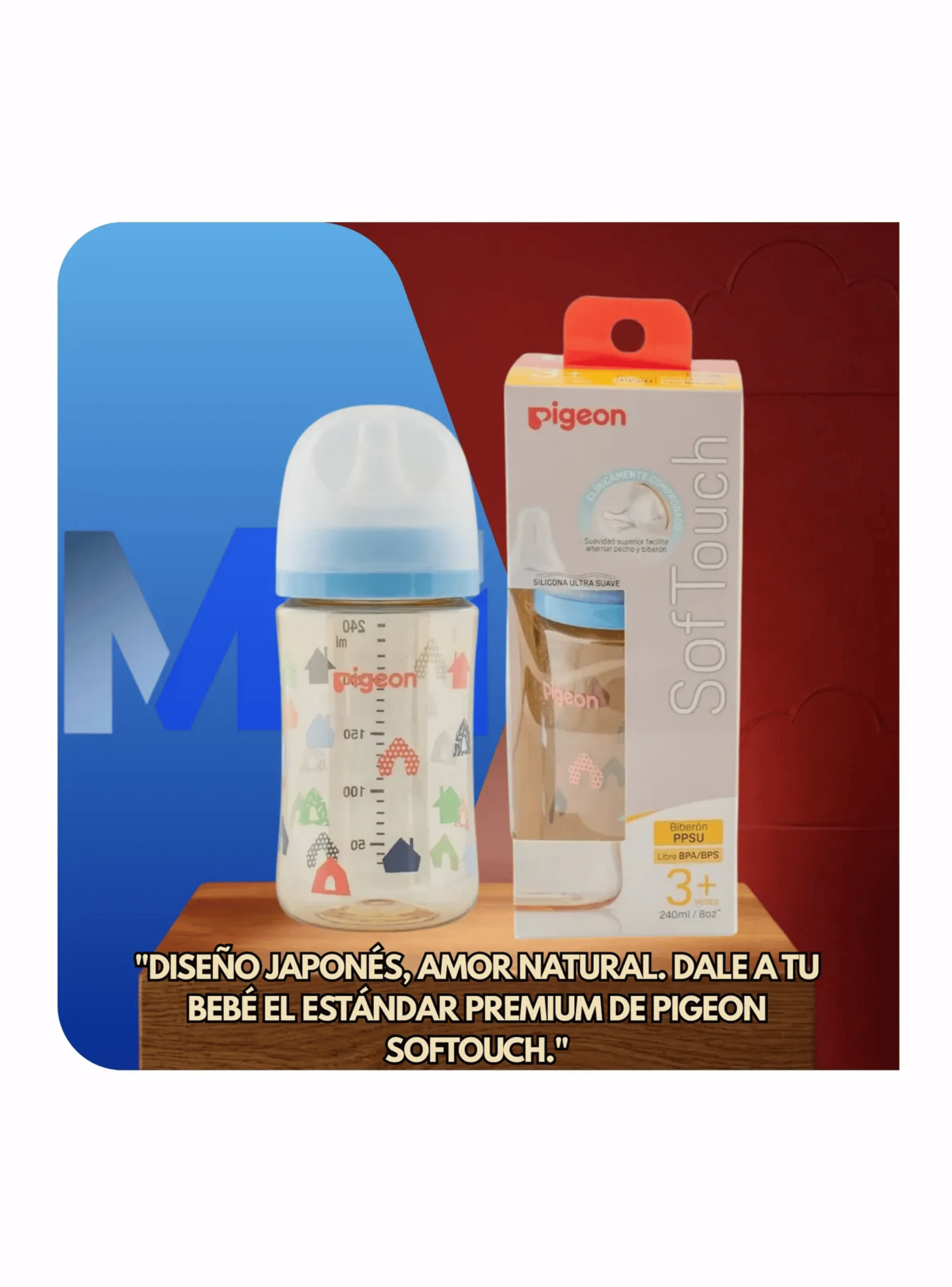 Biberon mamadera Softouch Pigeon Ppsu 240ml Diseño Anticolico Azul Claro-5