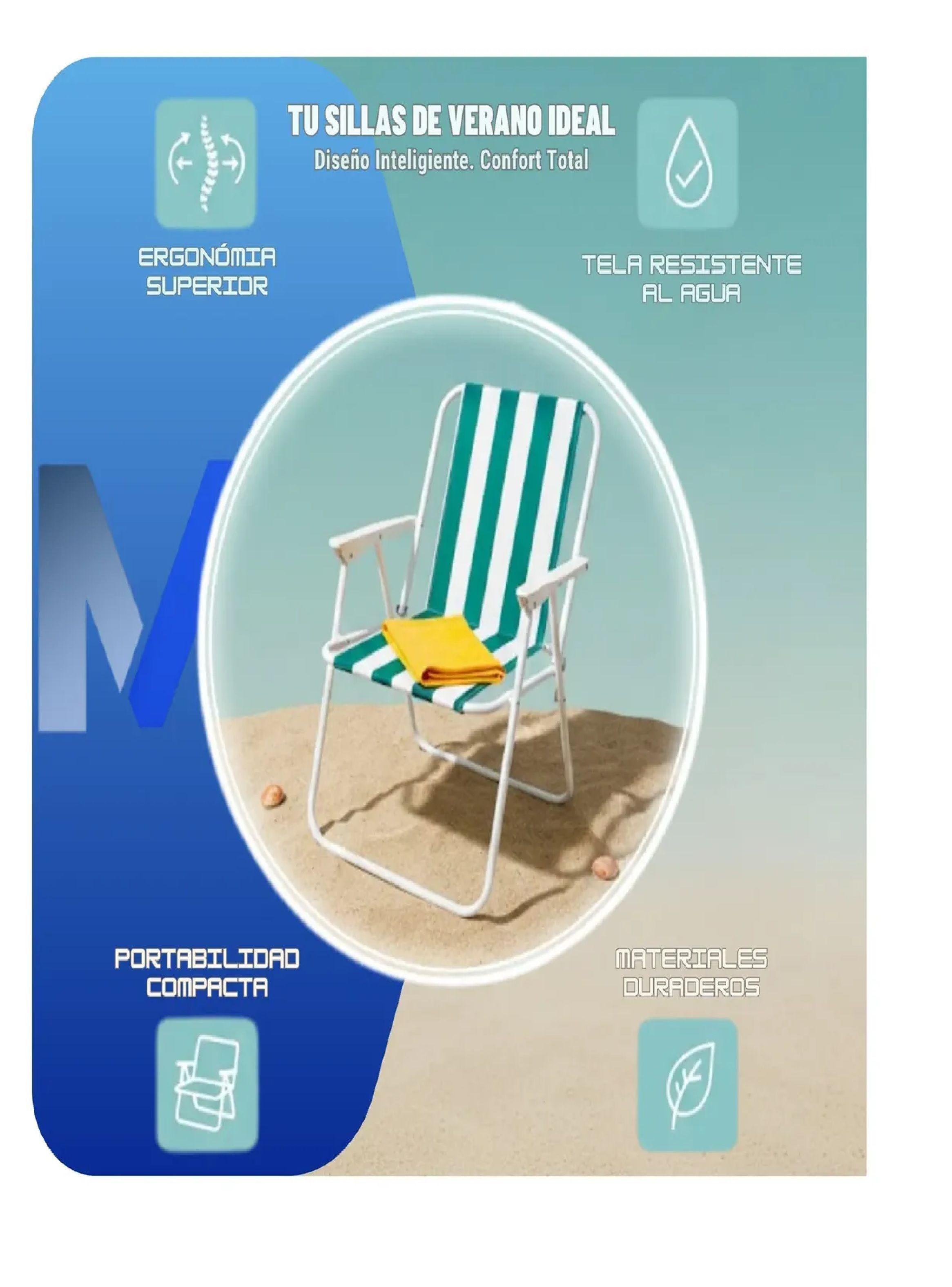 Silla Camping Plegable Playa Piscina Portatil Con Apoyabrazo Verde-Blanco-2