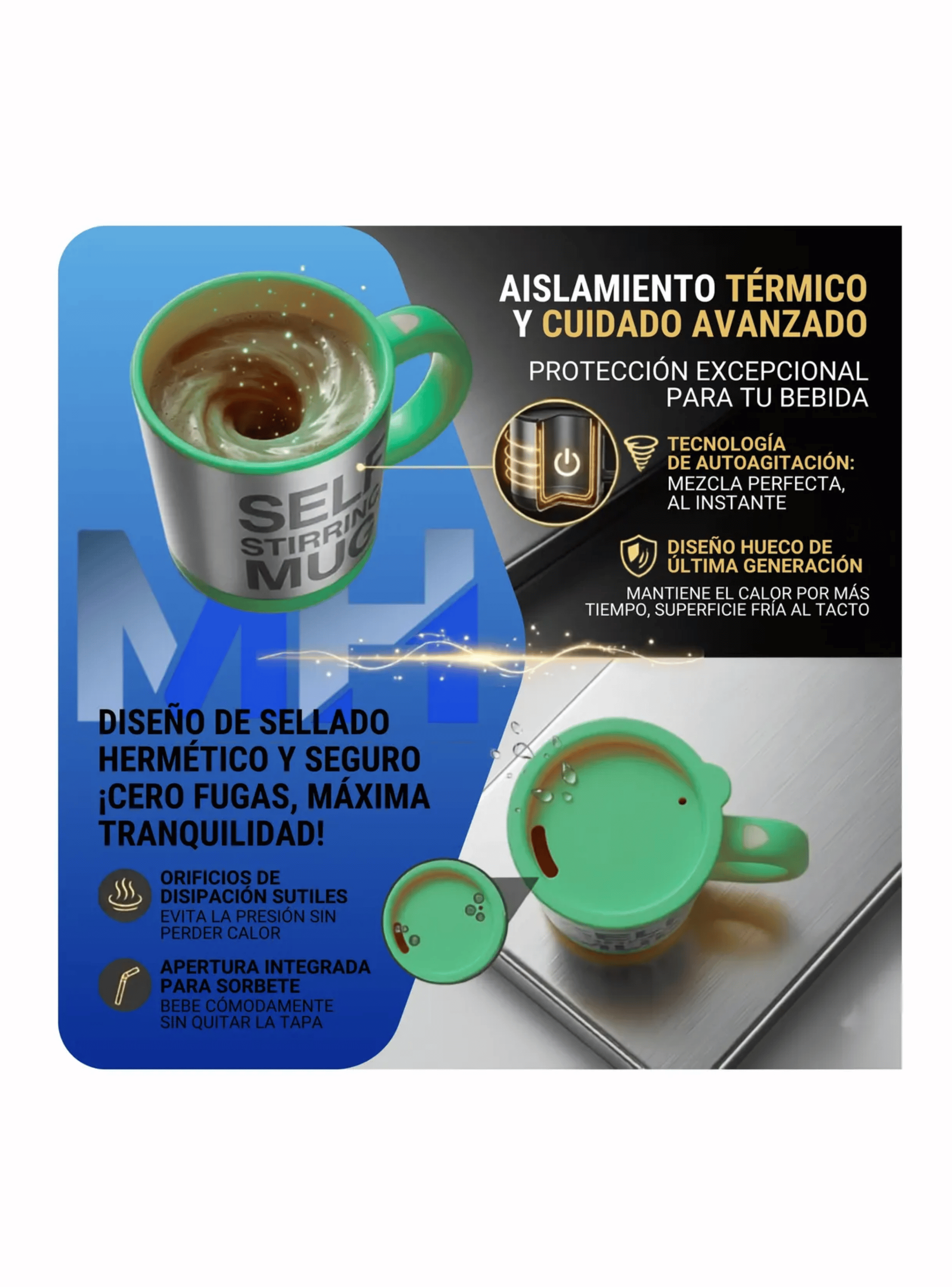 Taza Mezclador Cafe Batido Agitador Electrico Termico 450ml Verde-3