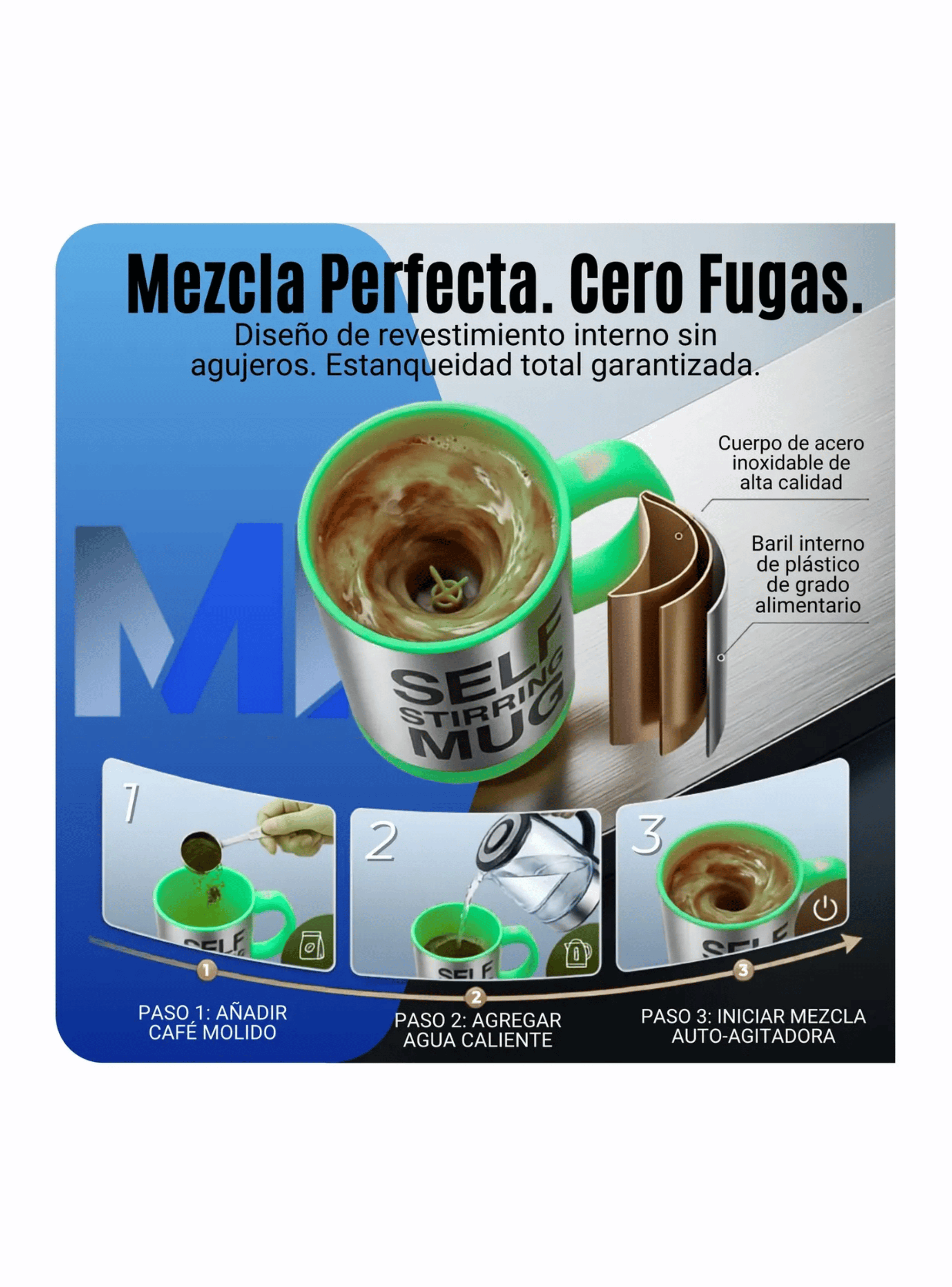 Taza Mezclador Cafe Batido Agitador Electrico Termico 450ml Verde-4