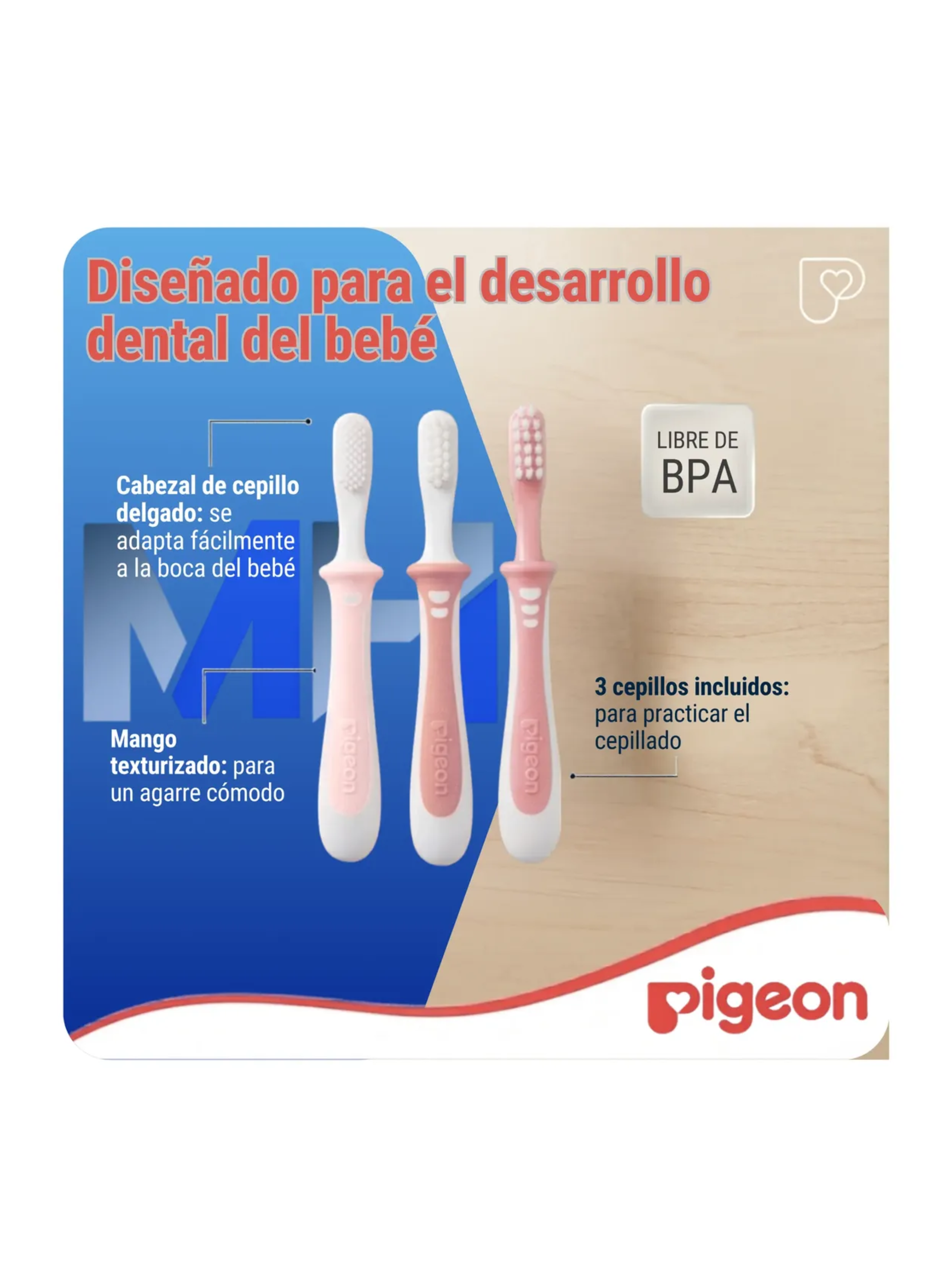 Set De Cepillos Dentales Aprendizaje Pigeon 3 Etapas Bebe Rosa-2