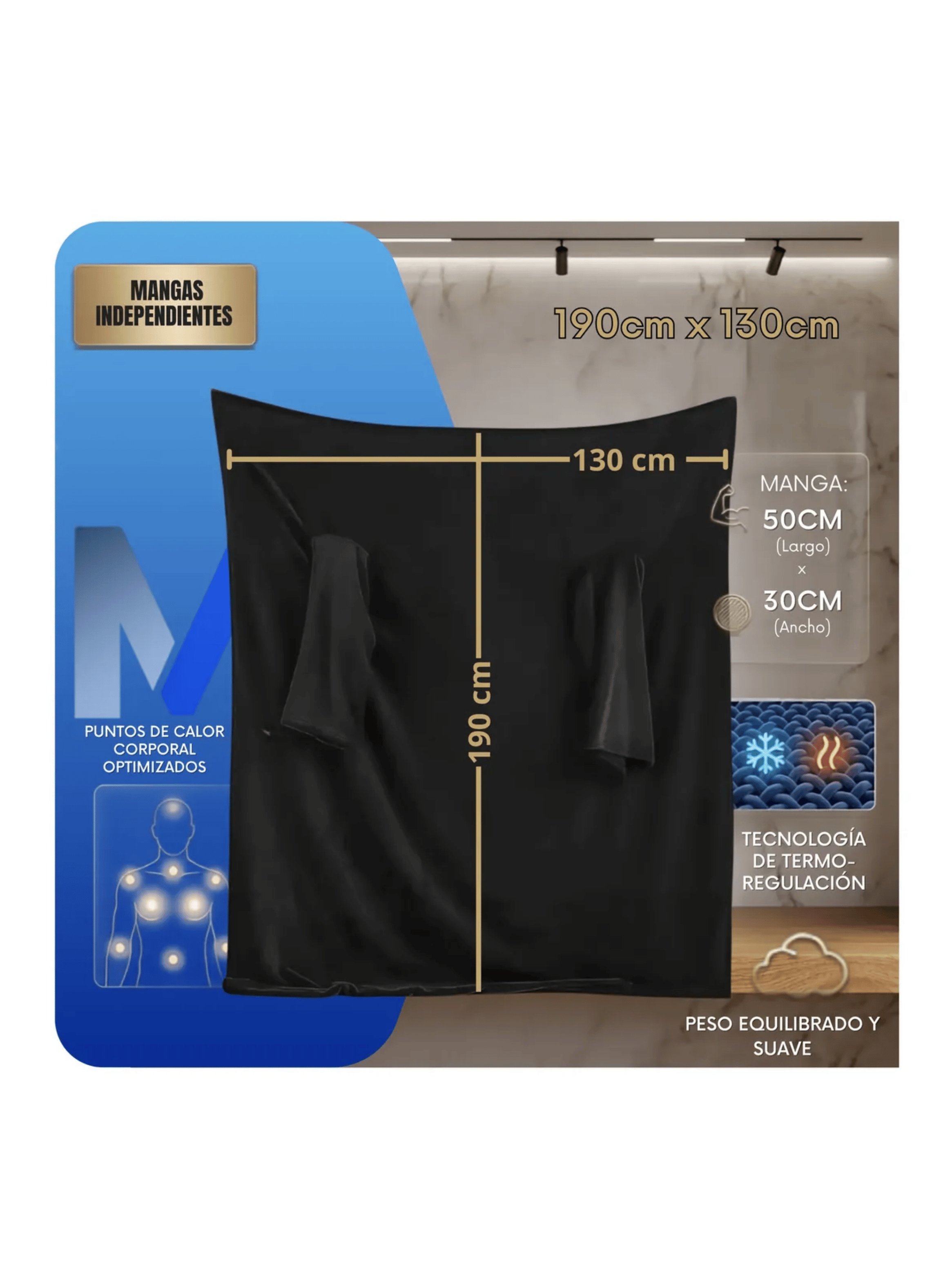 Manta Polar Con Mangas Frazada Vestible Invierno 190x130cm Negro-7