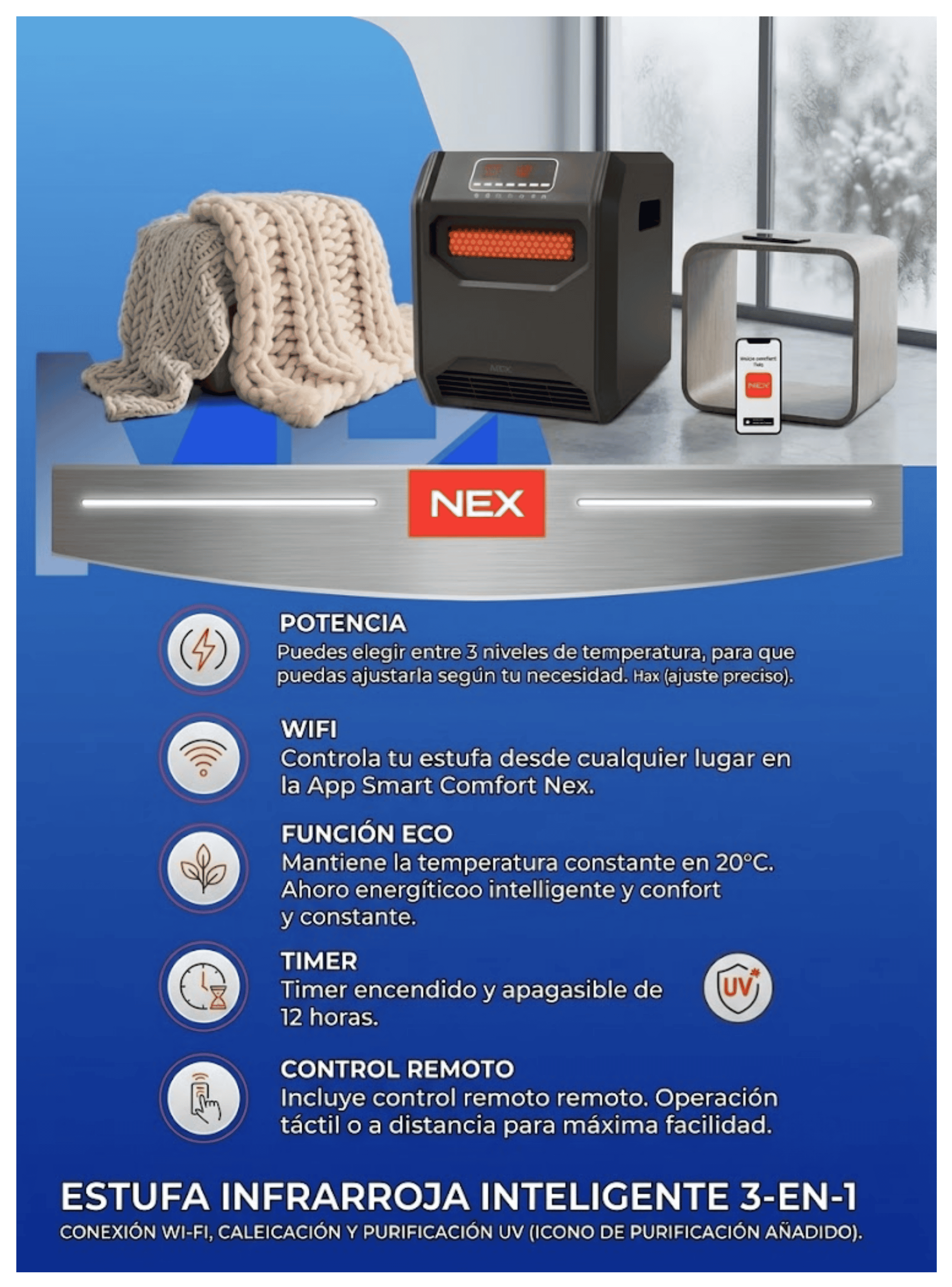 Estufa Infrarroja Nex 1500w Calor Digital Eficiente Wifi-5