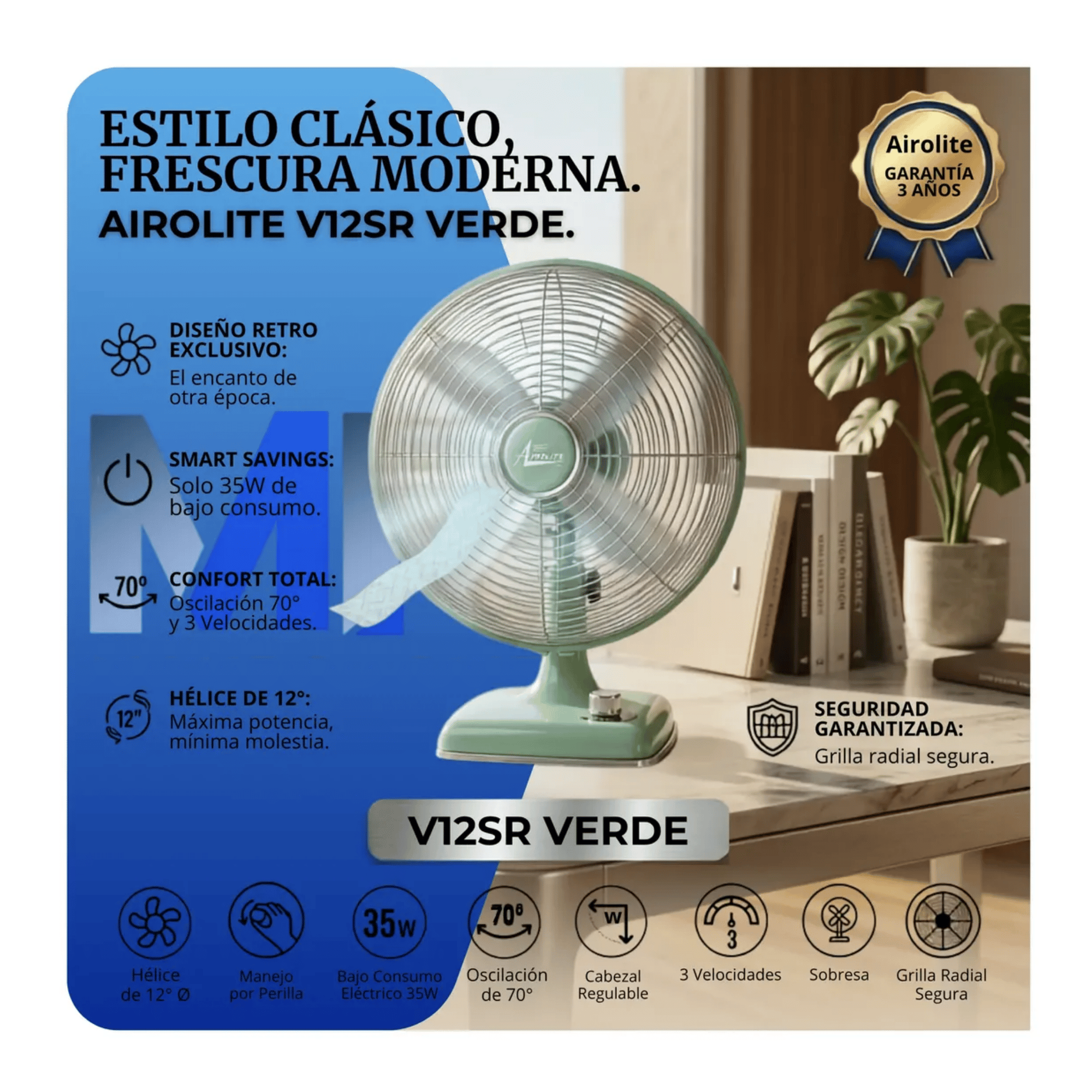 Ventilador Sobremesa Retro Airolite V12sr Verde 70 Anos 35w-4