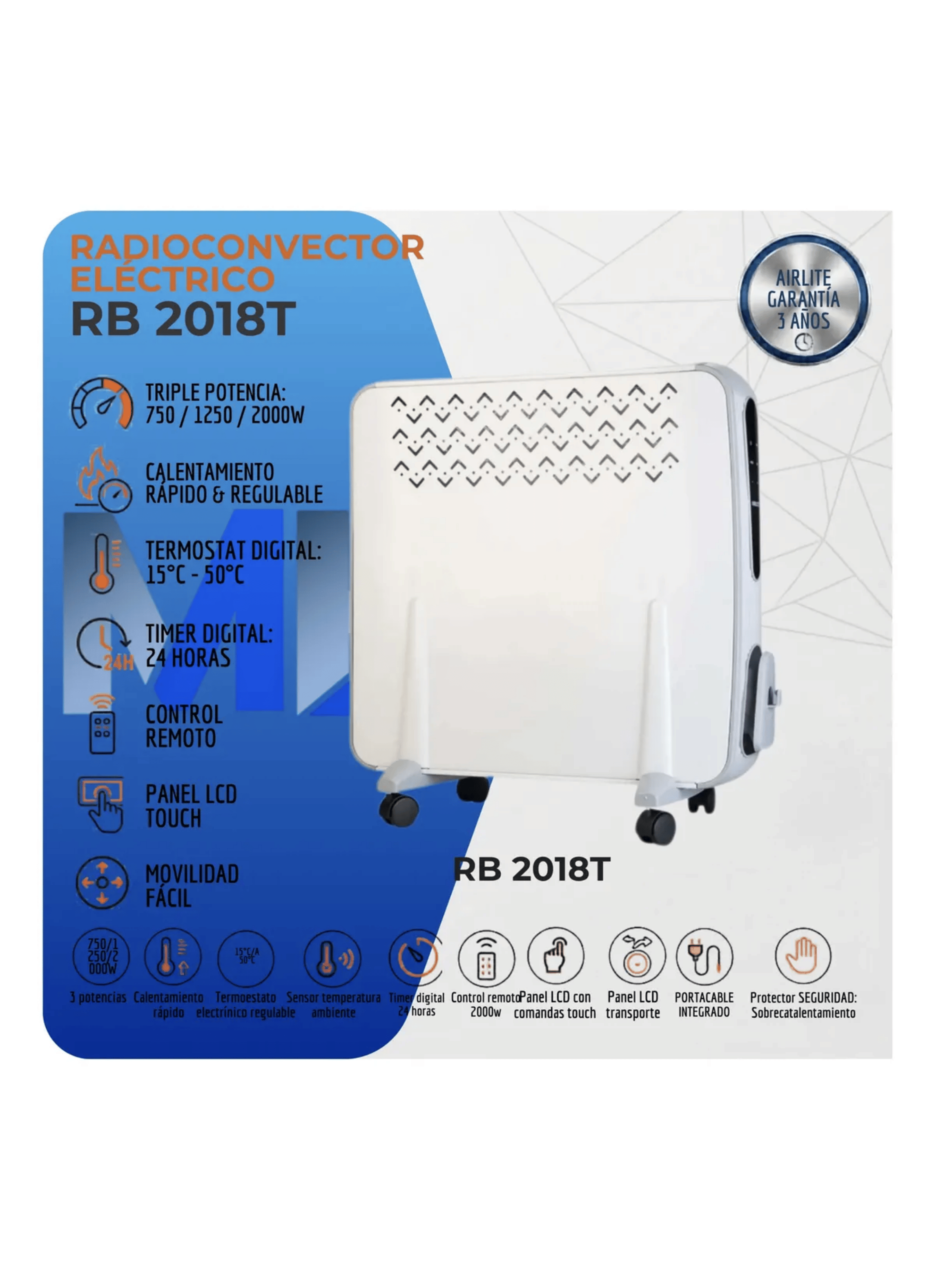 Pack X2 Radioconvector Electrico 2000w Touch Control Remoto-6