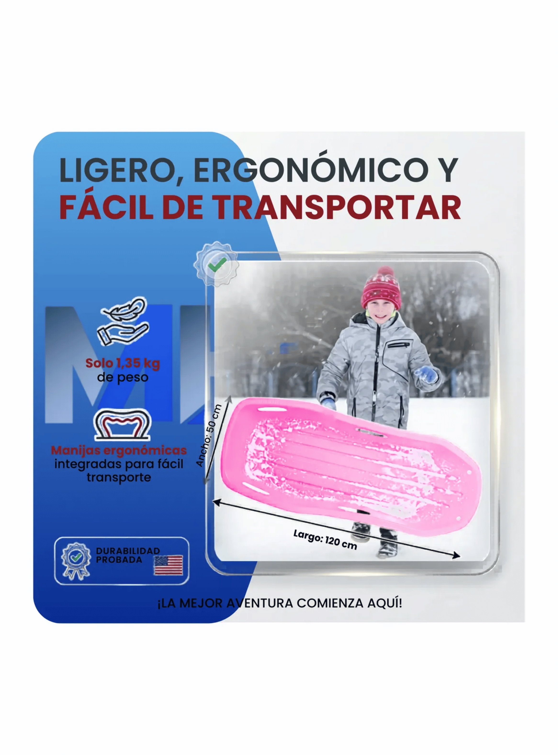 Trineo Nieve Deslizador Infantil Adulto 2puestos 120 Cm Rosa-3