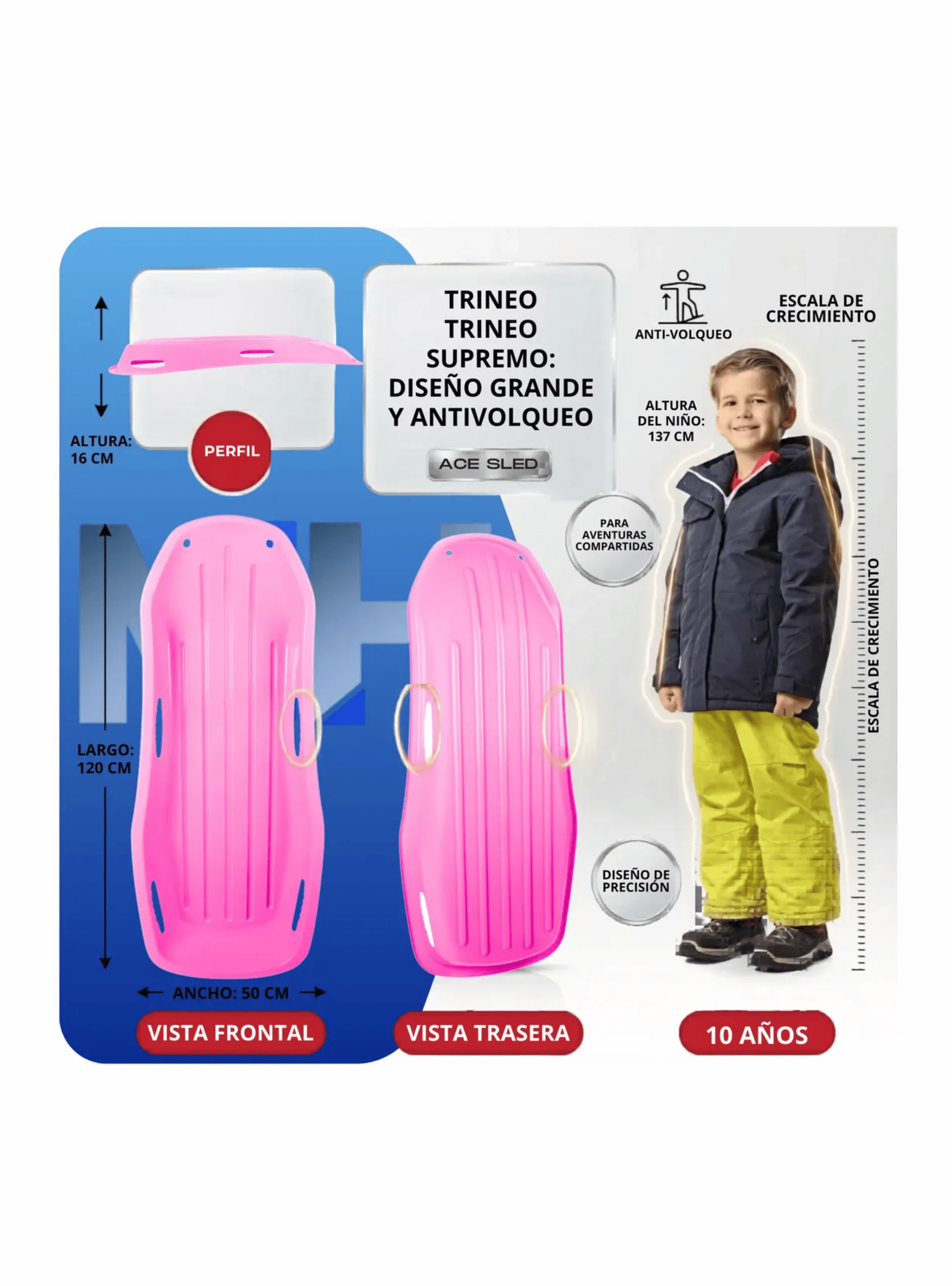 Trineo Nieve Deslizador Infantil Adulto 2puestos 120 Cm Rosa-6
