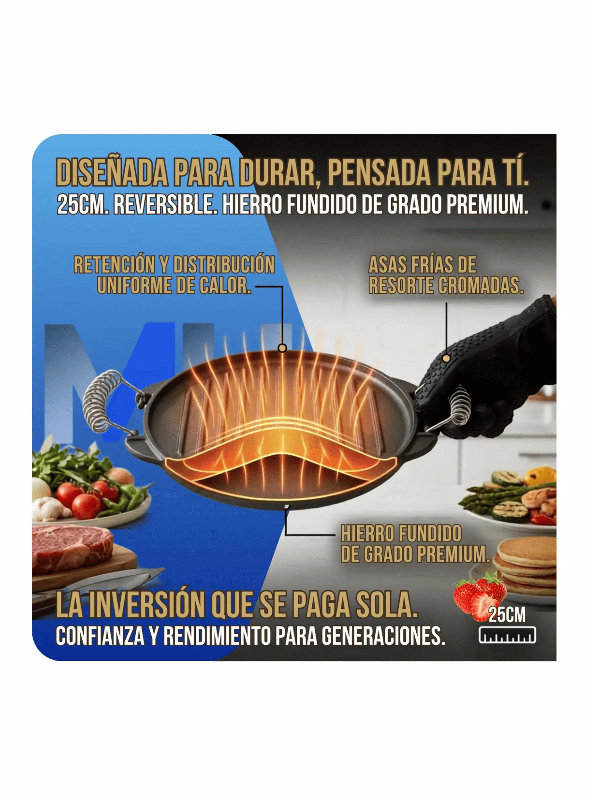 Plancha Churrasquera Reversible Fierro Fundido 25cm Asas-3