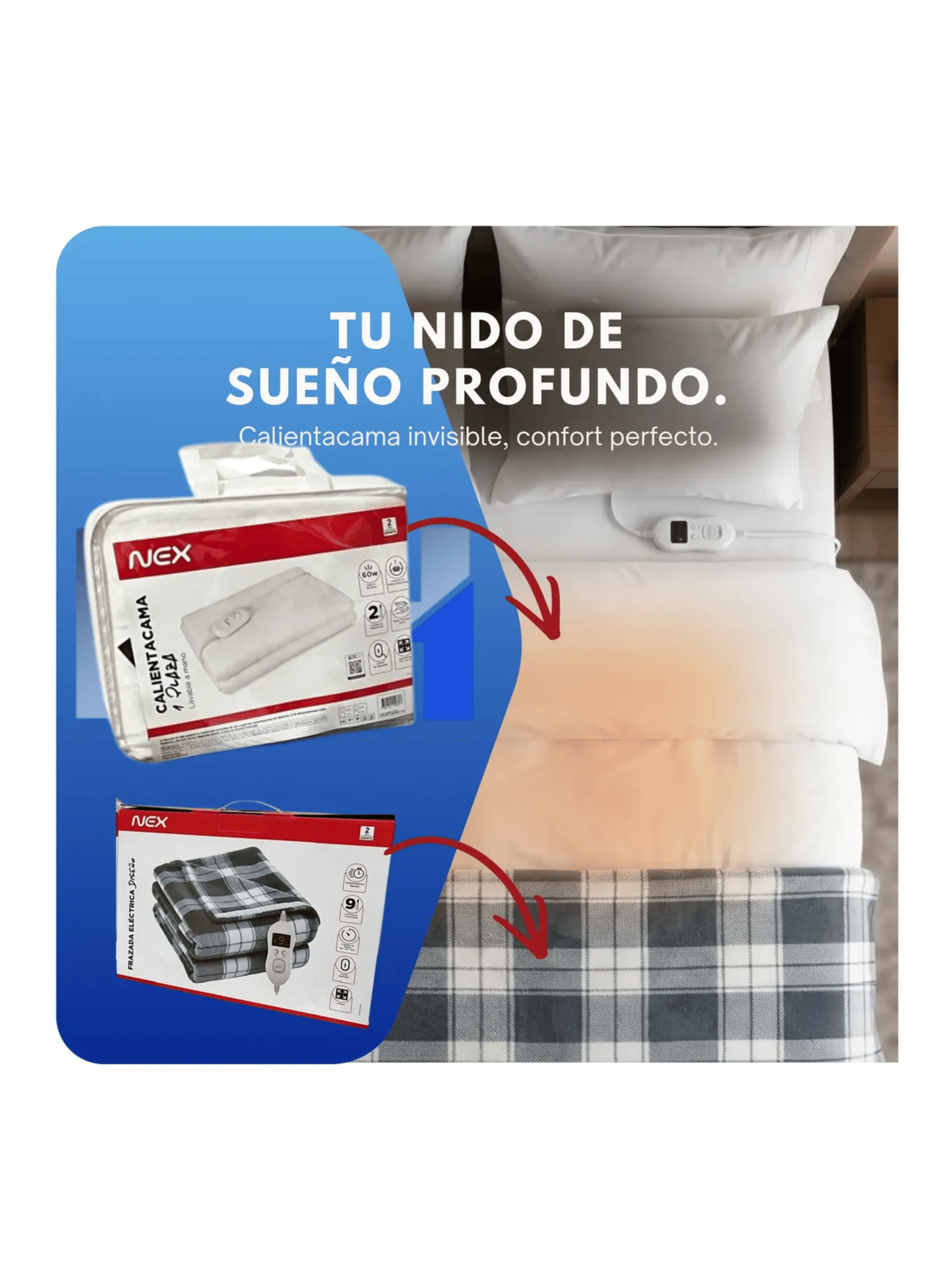 Pack Nex Calientacama 1p 2p King Frazada Electrica 110w-4