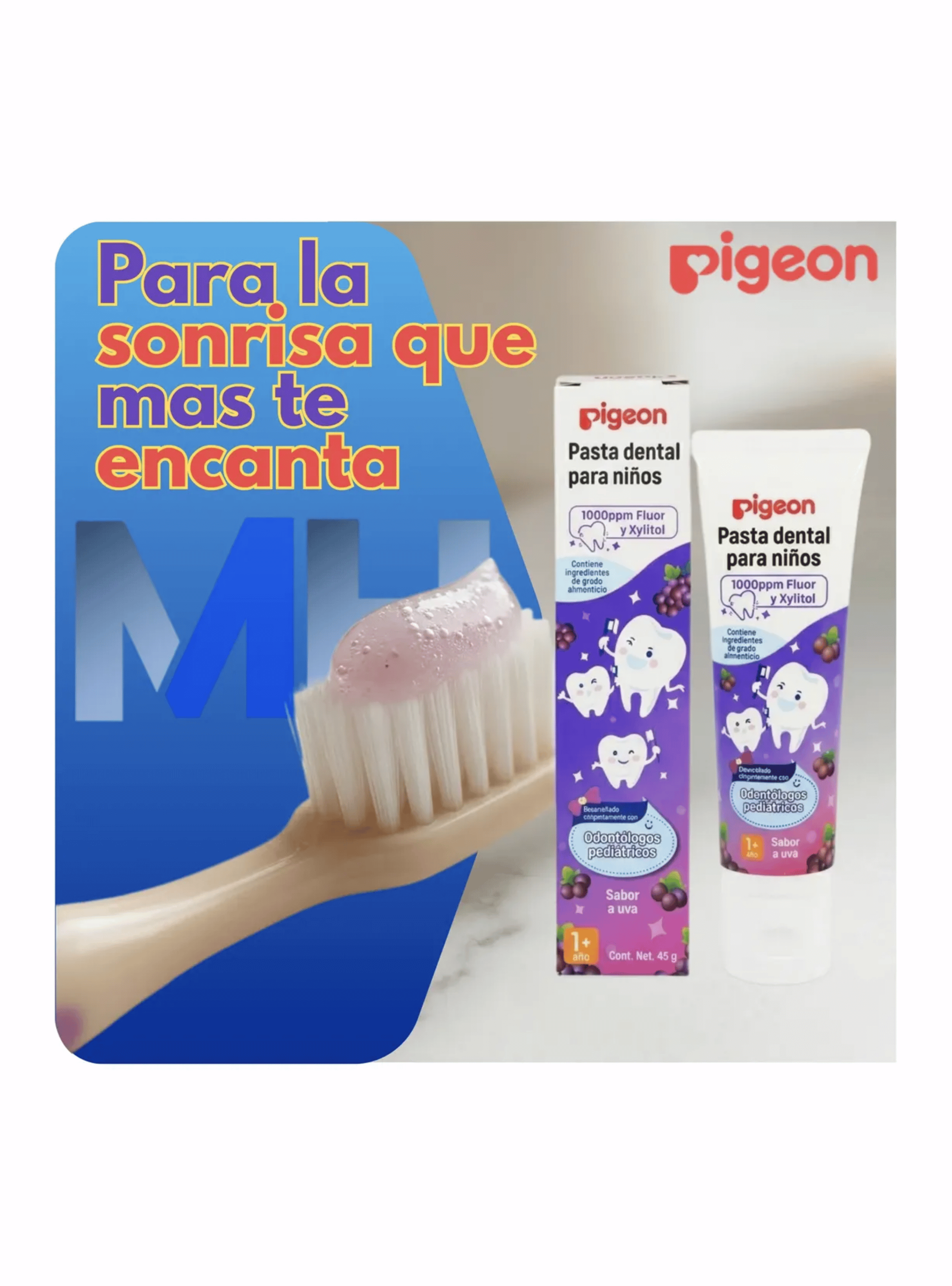Pasta Dental Infantil Pigeon 1000ppm Fluor 45g Elegir Sabor a Uva-5