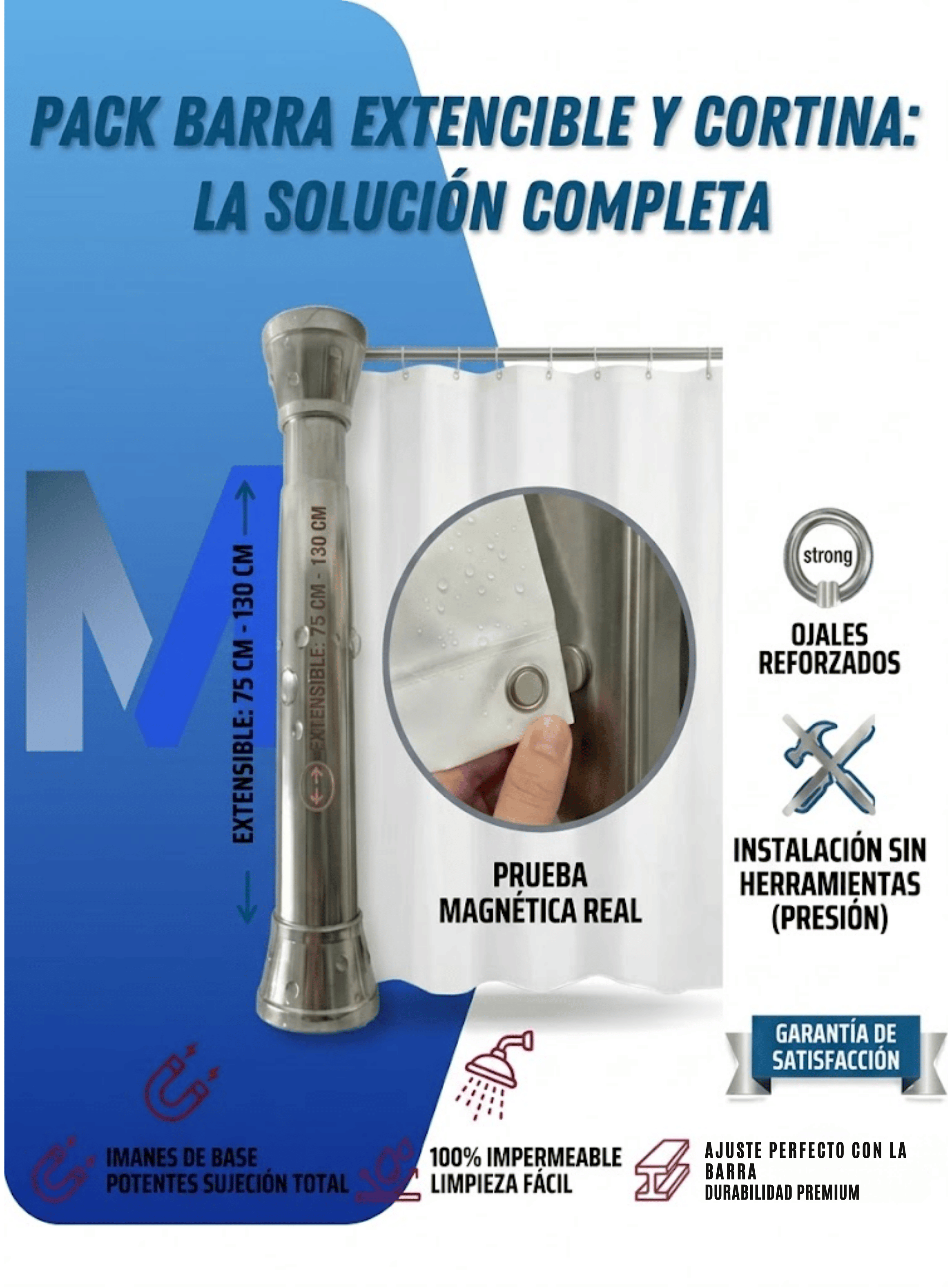 Barra Ducha Extensible 75 A 130 Cm Acero Cromo Forro Ducha Blanco-3
