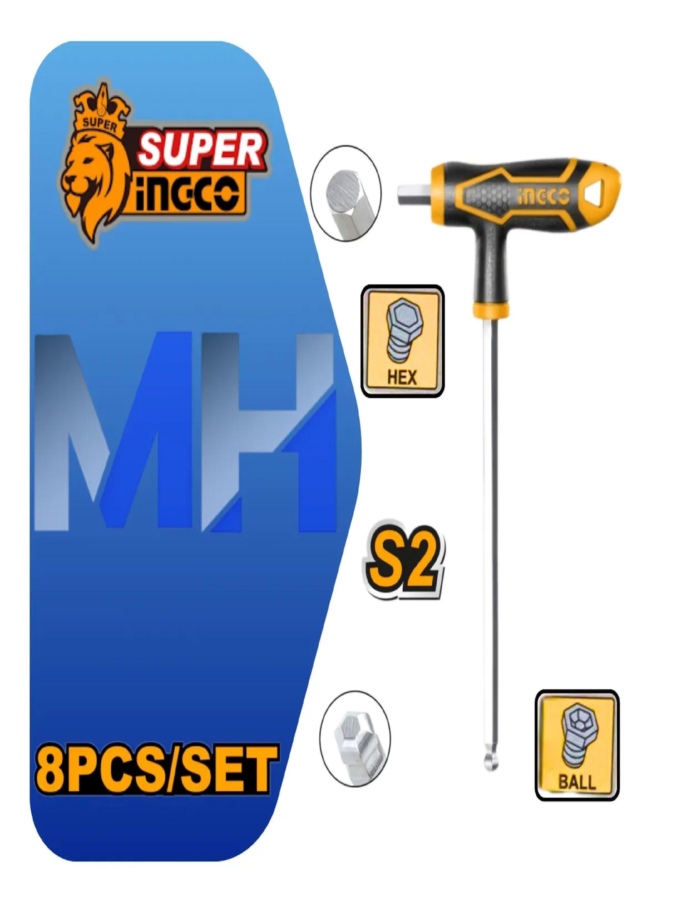 Juego Llave Allen Tipo T Punta Bola Ingco 8 Pzs 2-10mm Cr-v-2