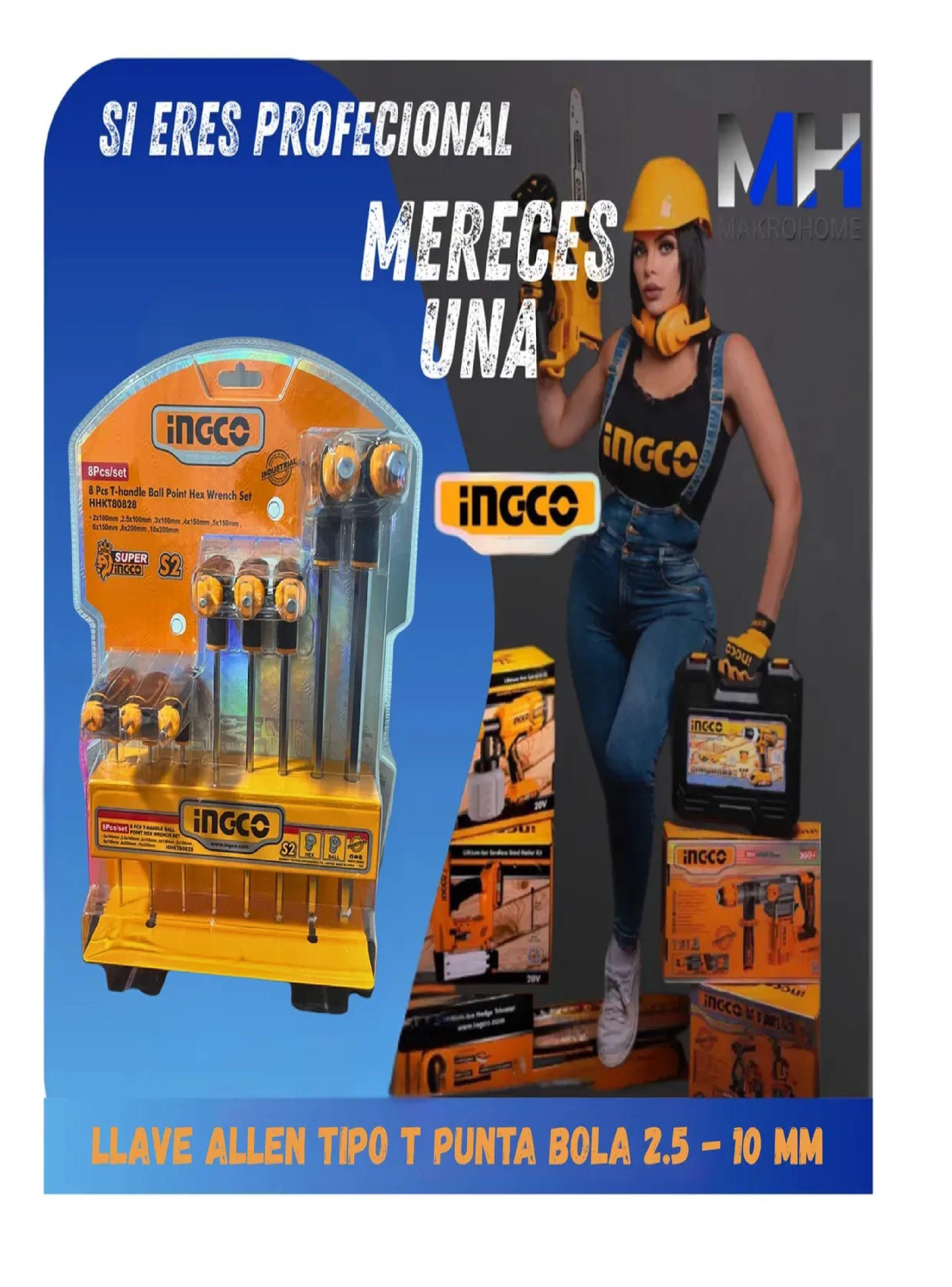 Juego Llave Allen Tipo T Punta Bola Ingco 8 Pzs 2-10mm Cr-v-5