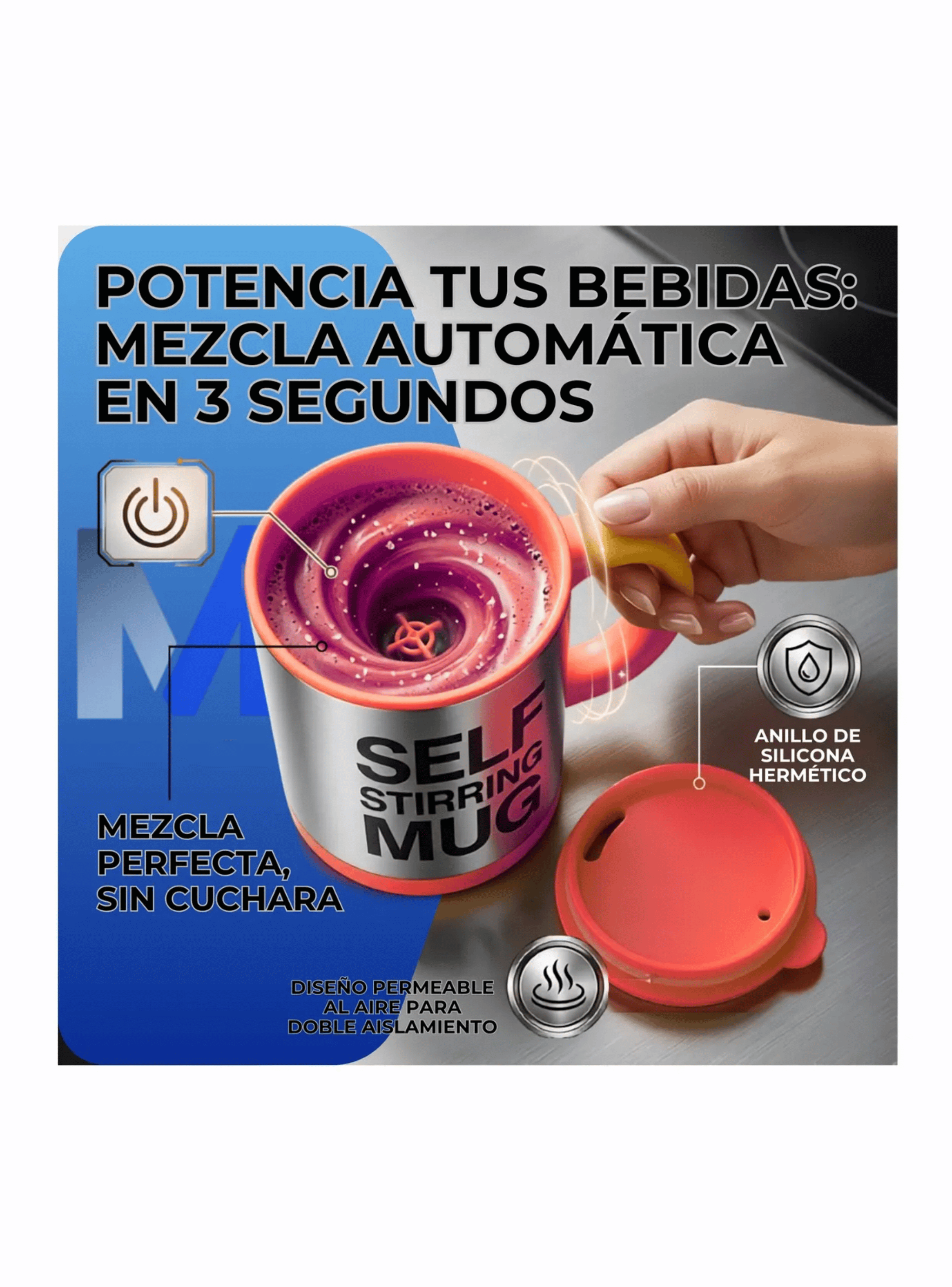 Taza Mezclador Cafe Batido Agitador Electrico Termico 450ml Rojo-3