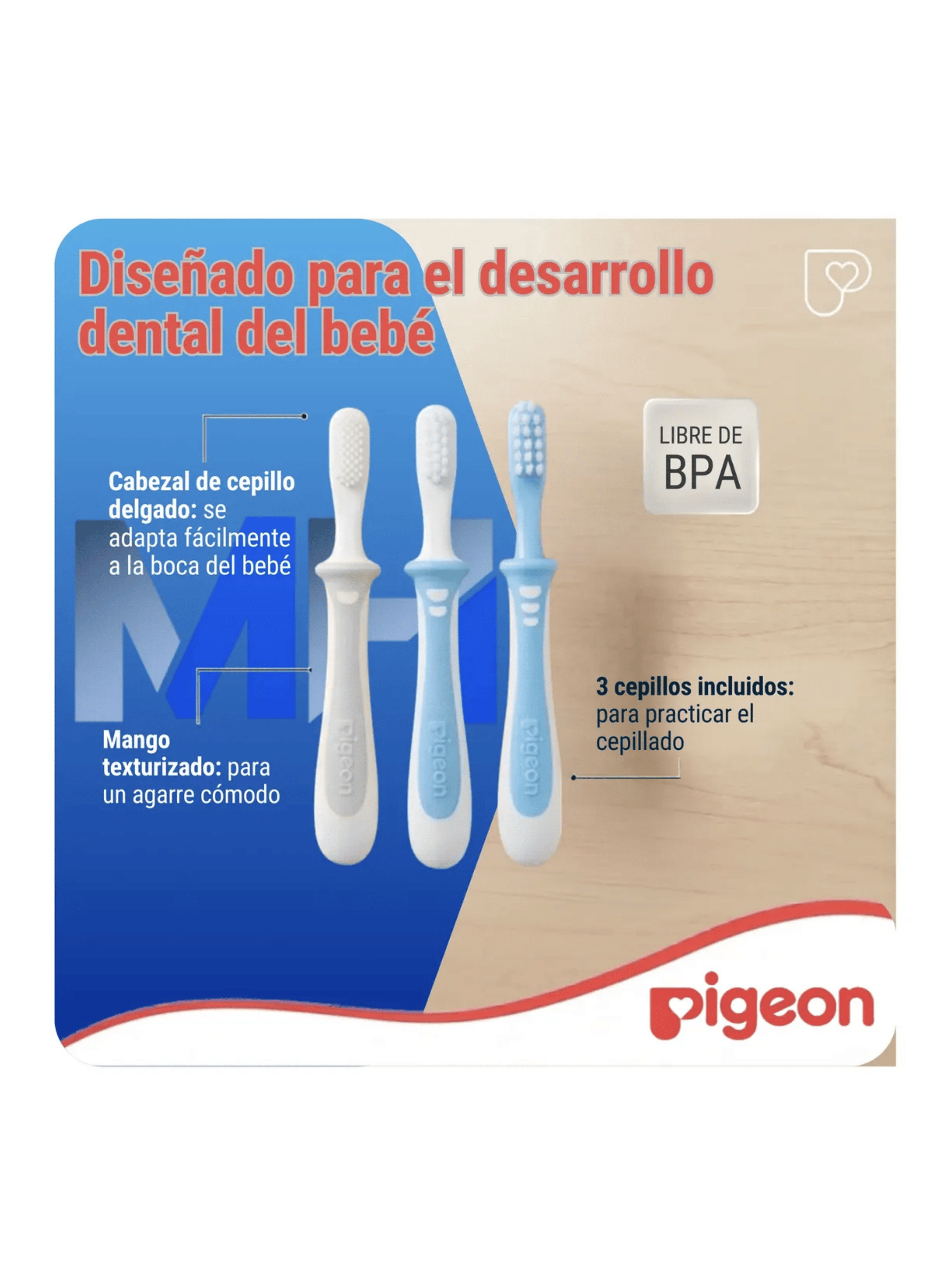 Set De Cepillos Dentales Aprendizaje Pigeon 3 Etapas Bebe Azul Claro-2