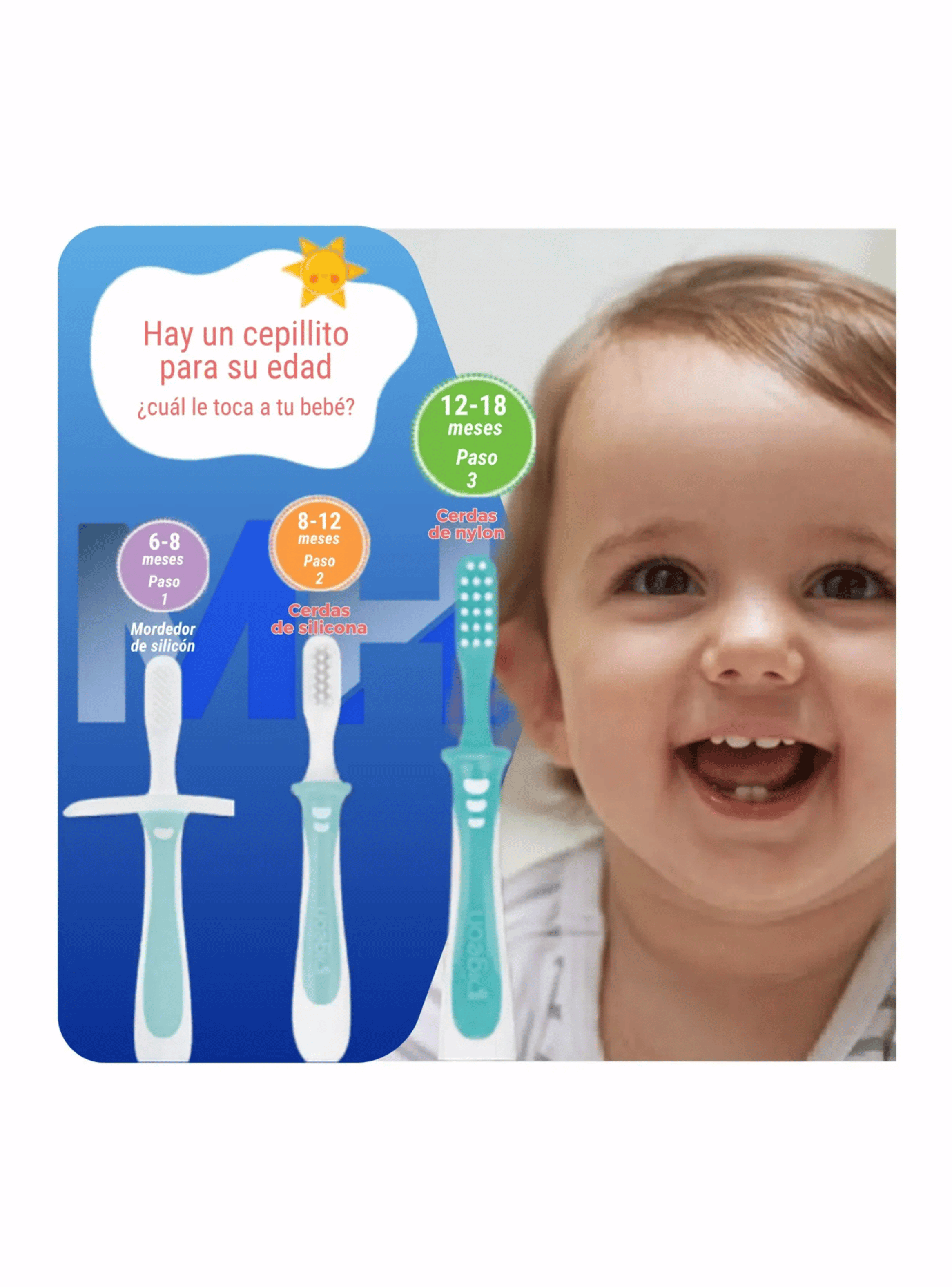 Set De Cepillos Dentales Aprendizaje Pigeon 3 Etapas Bebe Azul Claro-3