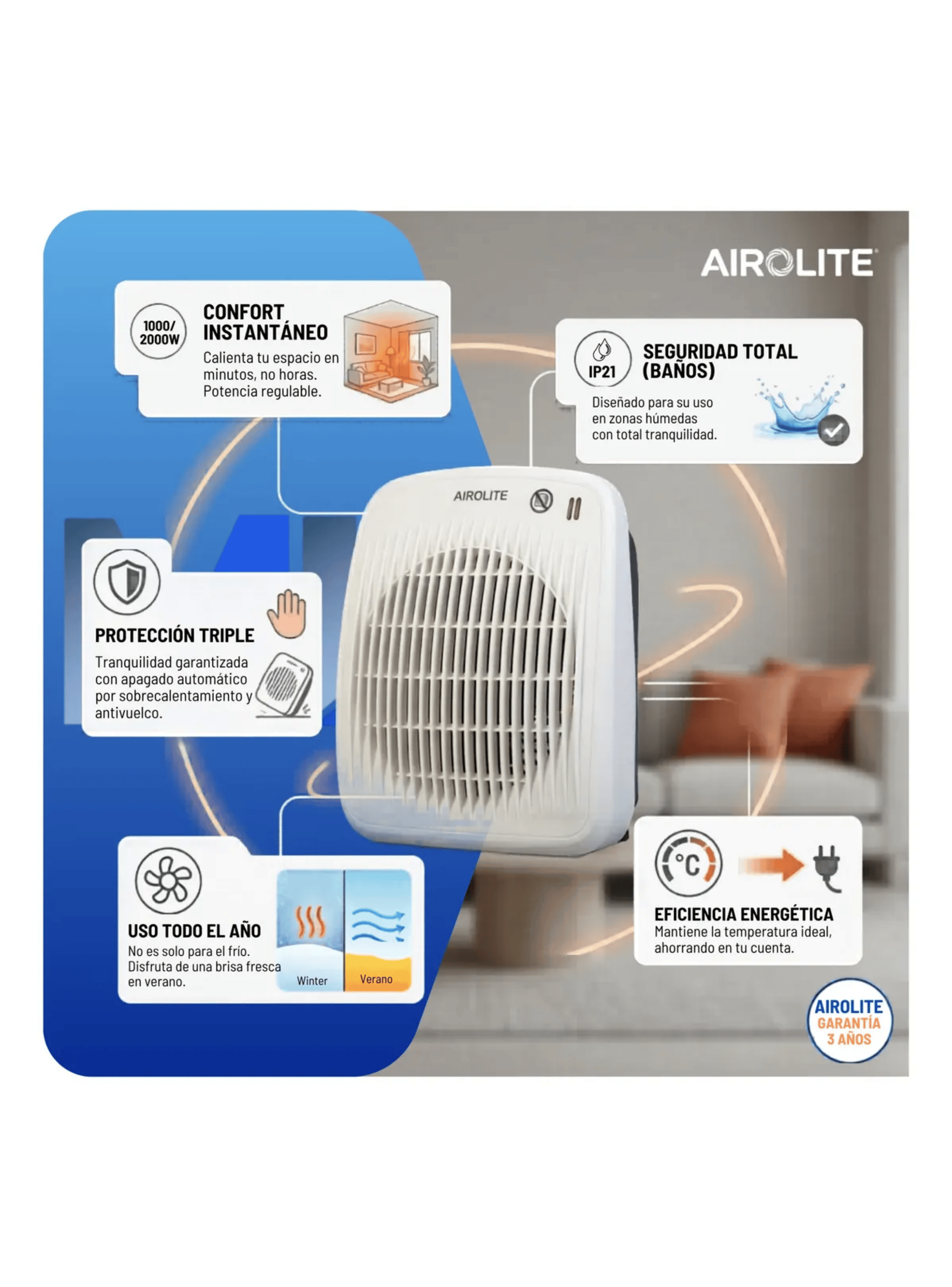 Termoventilador Airolite 2000w Compacto Y Seguro Apto Ba o-3