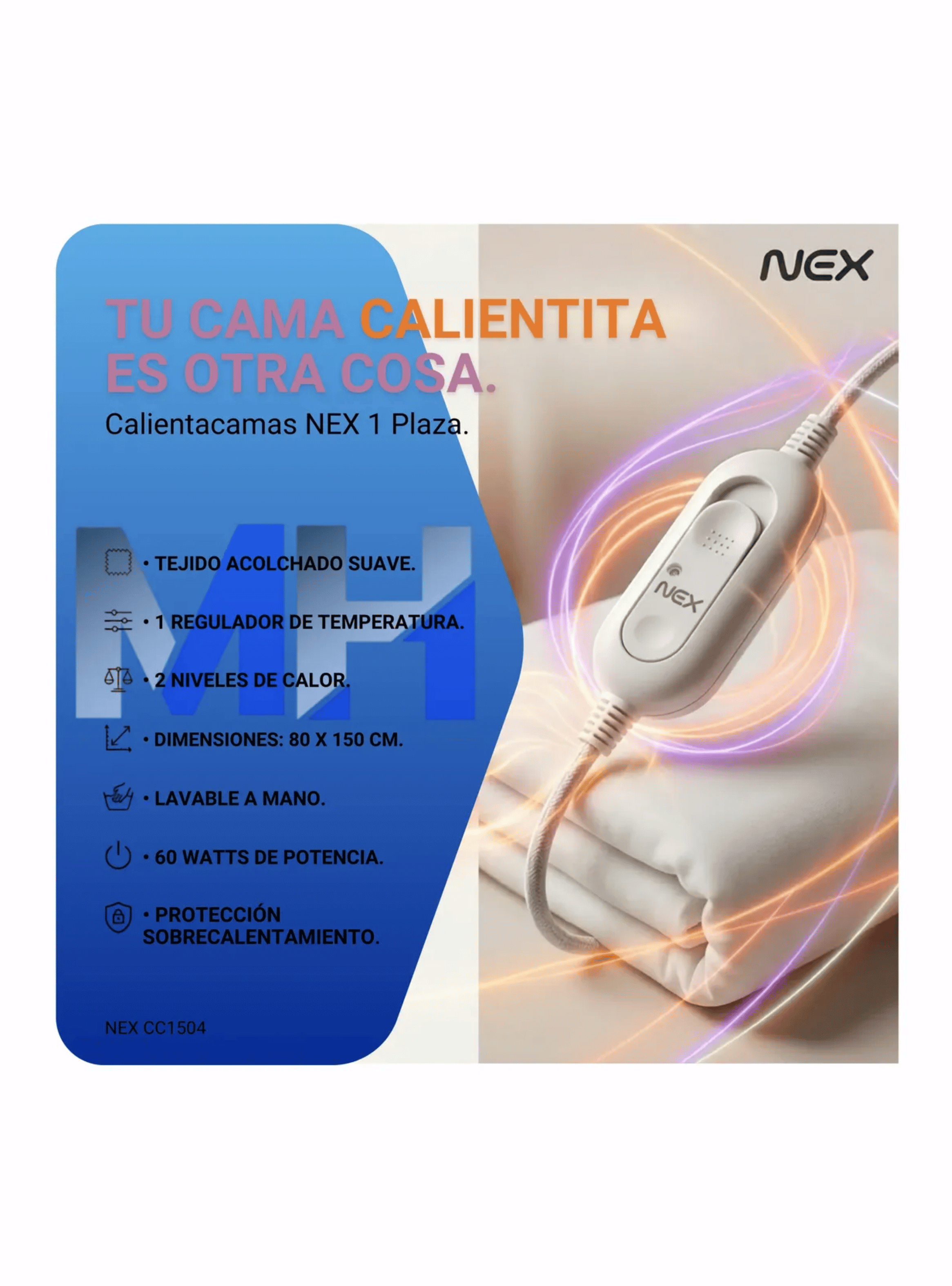 Pack X2 Calientacama 1 Plaza Nex 60w Cc1504 Blanco-4