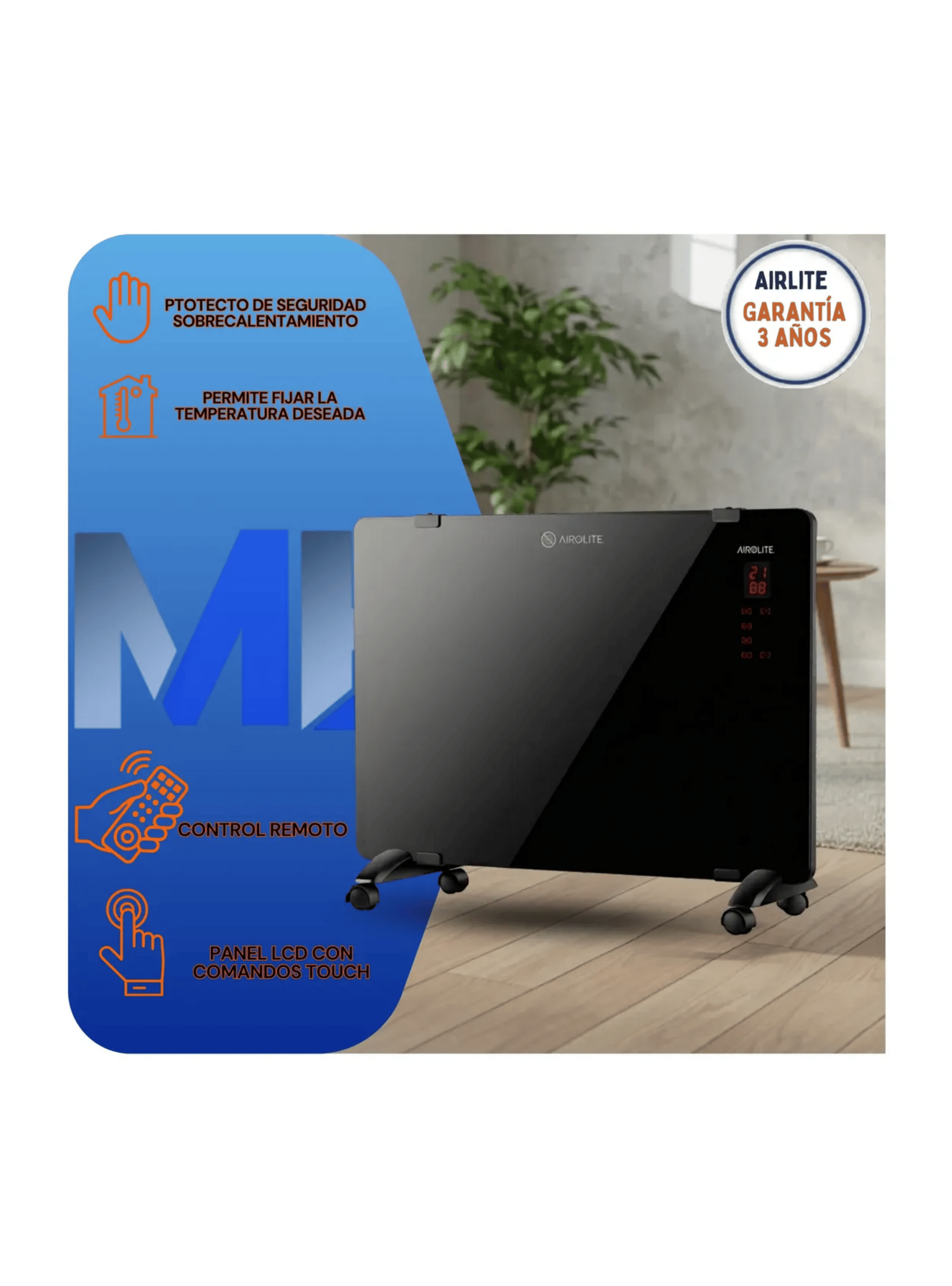 Calefactor Convector Panel Airolite Co rp 2000 Espejo Negro-2