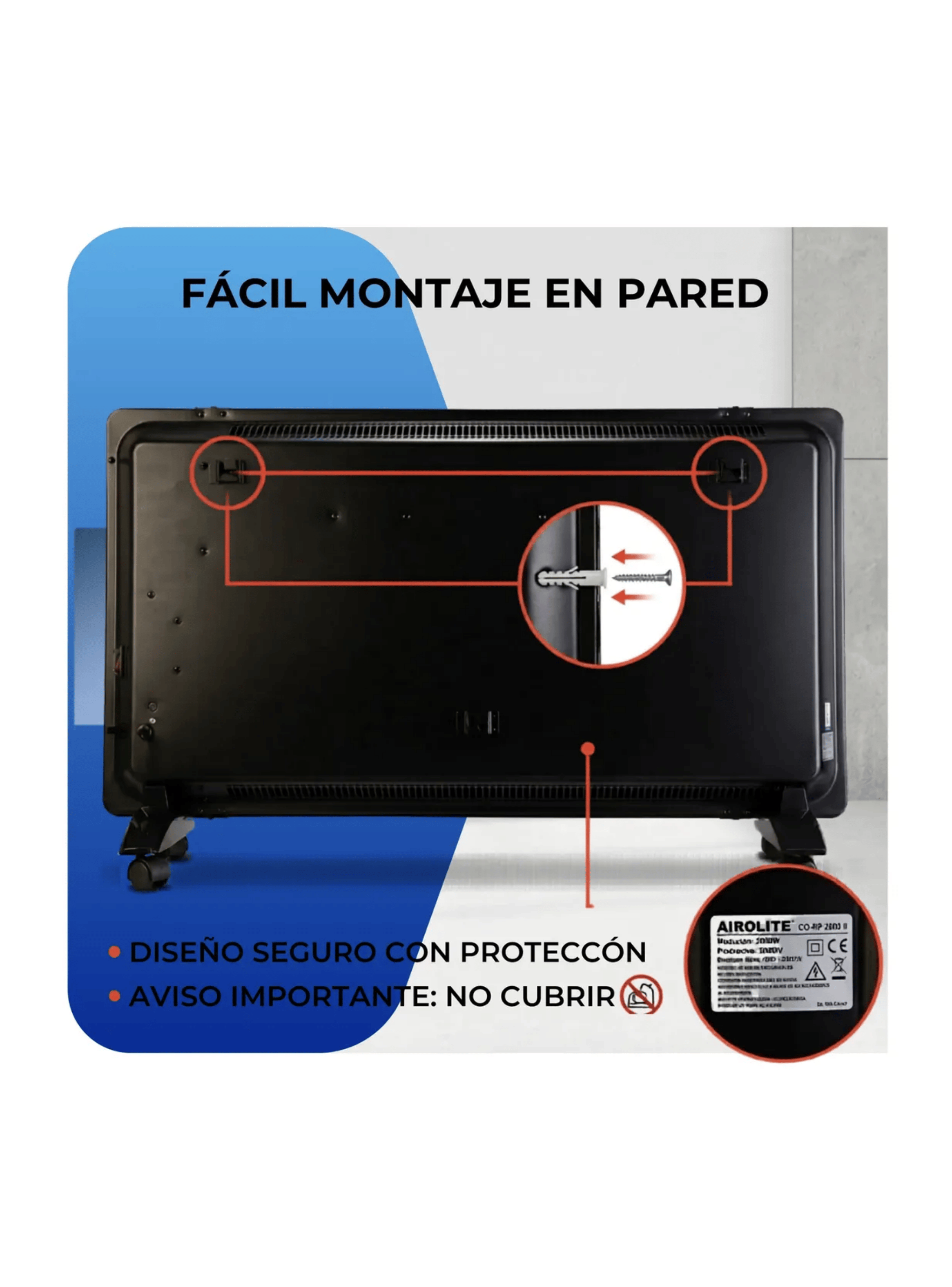 Calefactor Convector Panel Airolite Co rp 2000 Espejo Negro-3