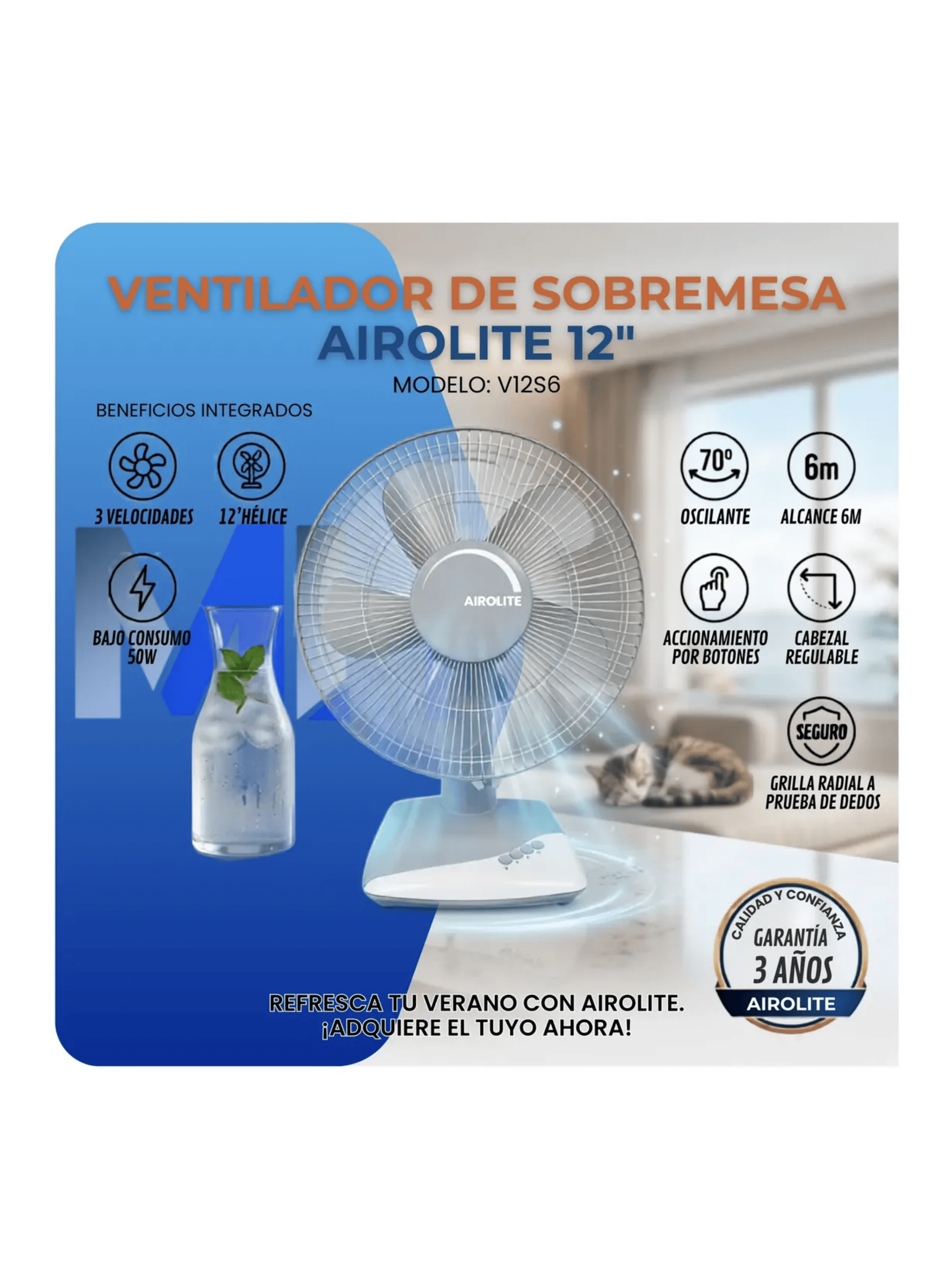 Ventilador Sobremesa 12 Pulgadas Airolite 50w 3 Velocidades-2