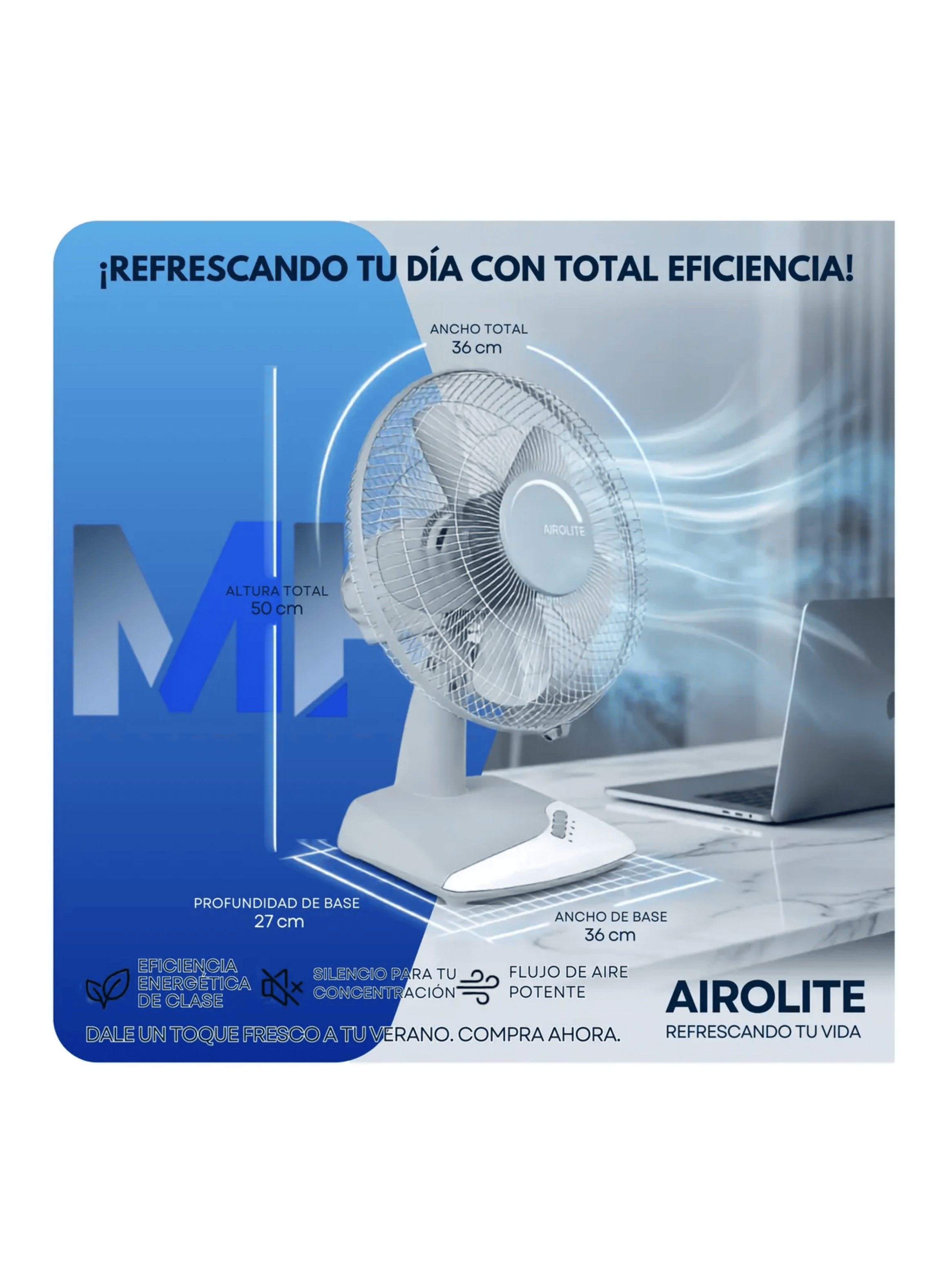 Ventilador Sobremesa 12 Pulgadas Airolite 50w 3 Velocidades-3