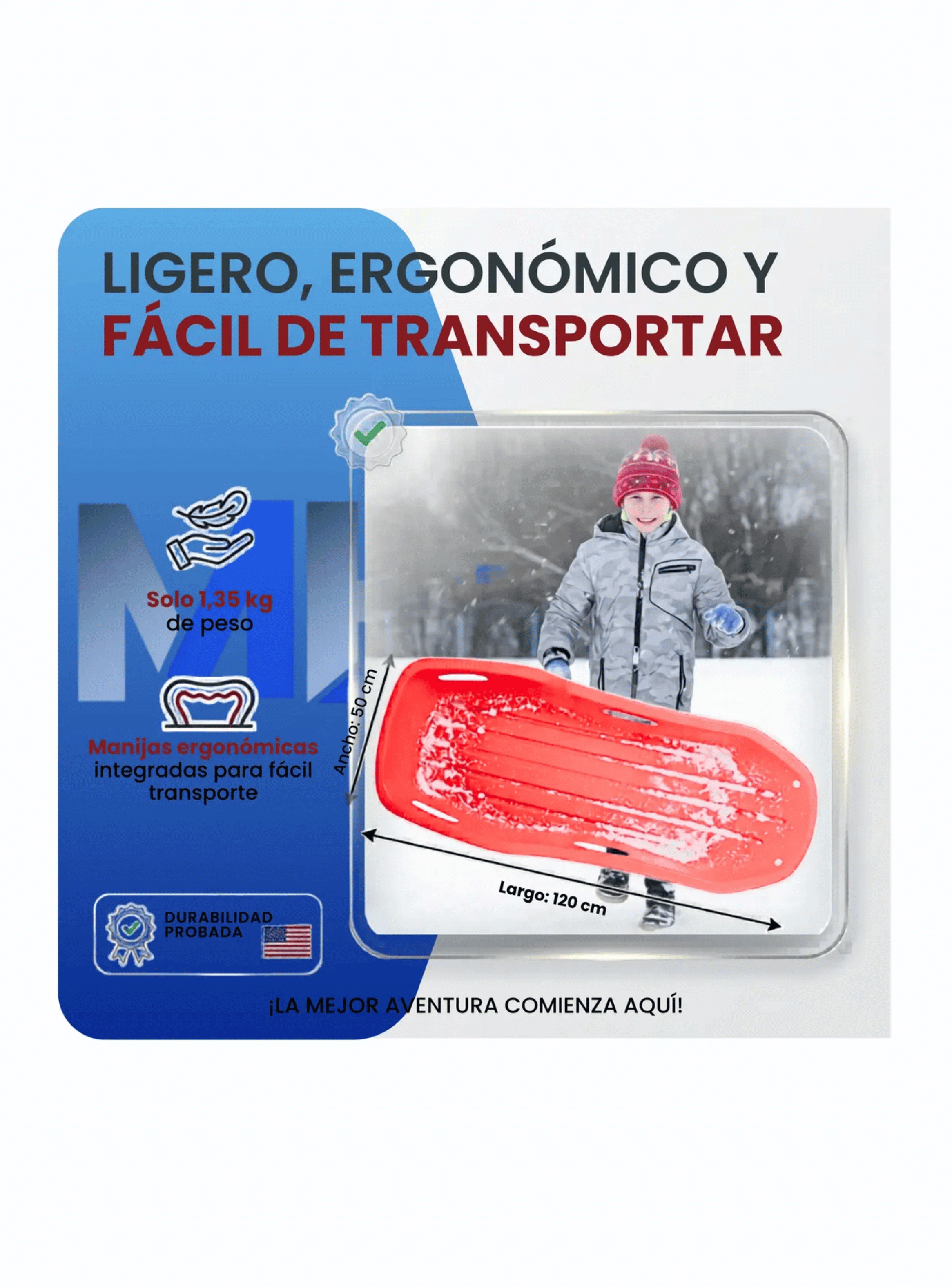 Trineo Nieve Deslizador Infantil Adulto 2puestos 120 Cm Rojo-3