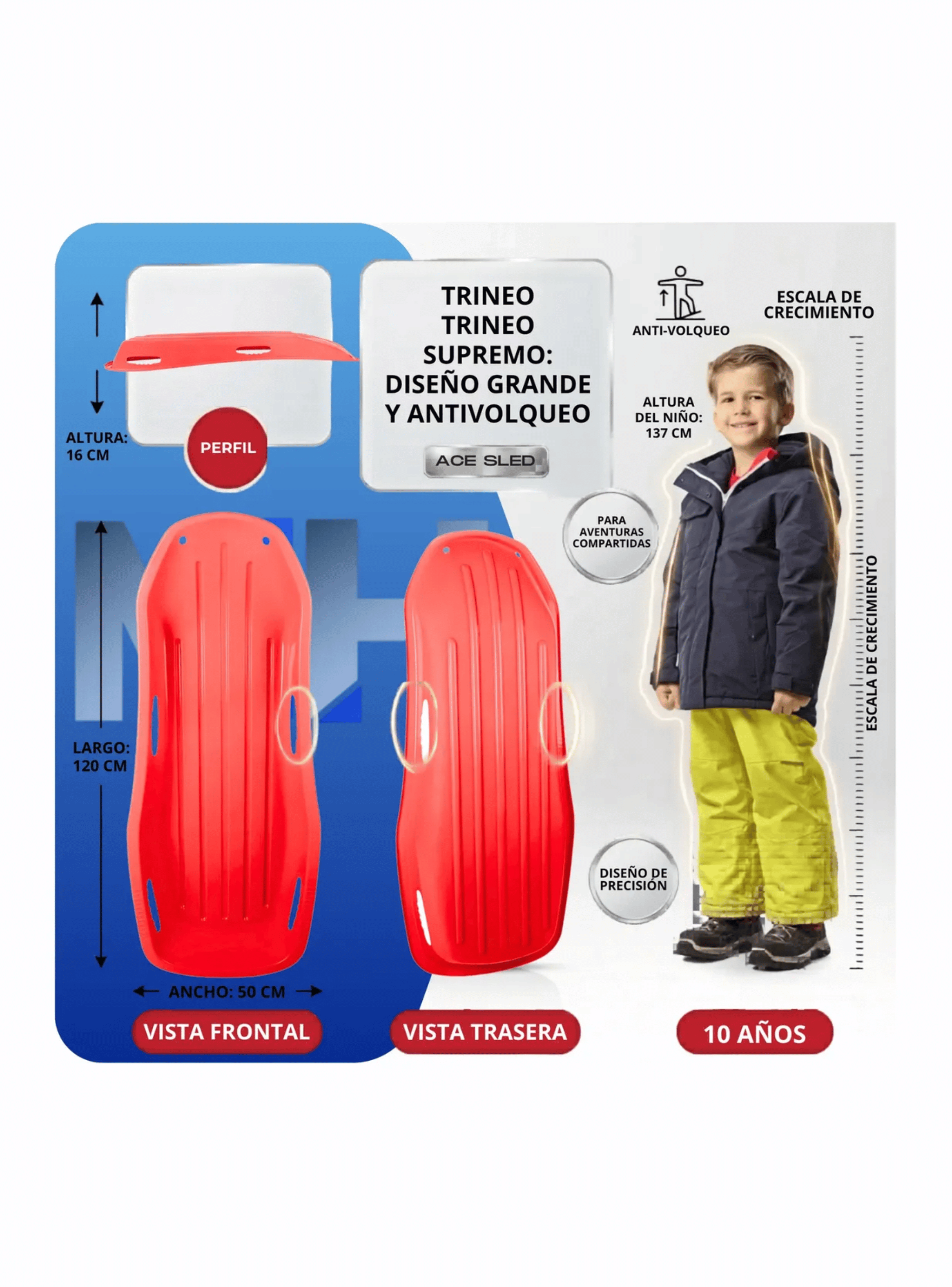 Trineo Nieve Deslizador Infantil Adulto 2puestos 120 Cm Rojo-6