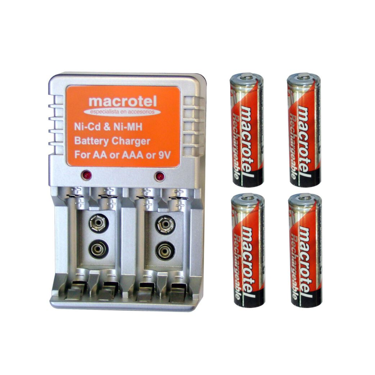 Cargador Macrotel AA/AAA/Batería +4 pilas AA 2300mAh-3