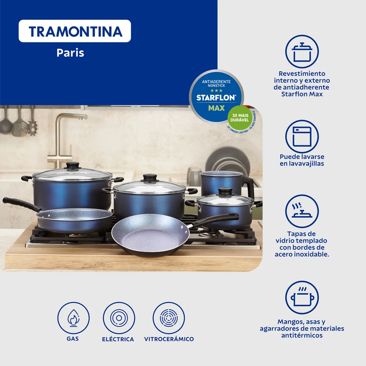 Tramontina Batería De Cocina 9 Piezas Azul-2