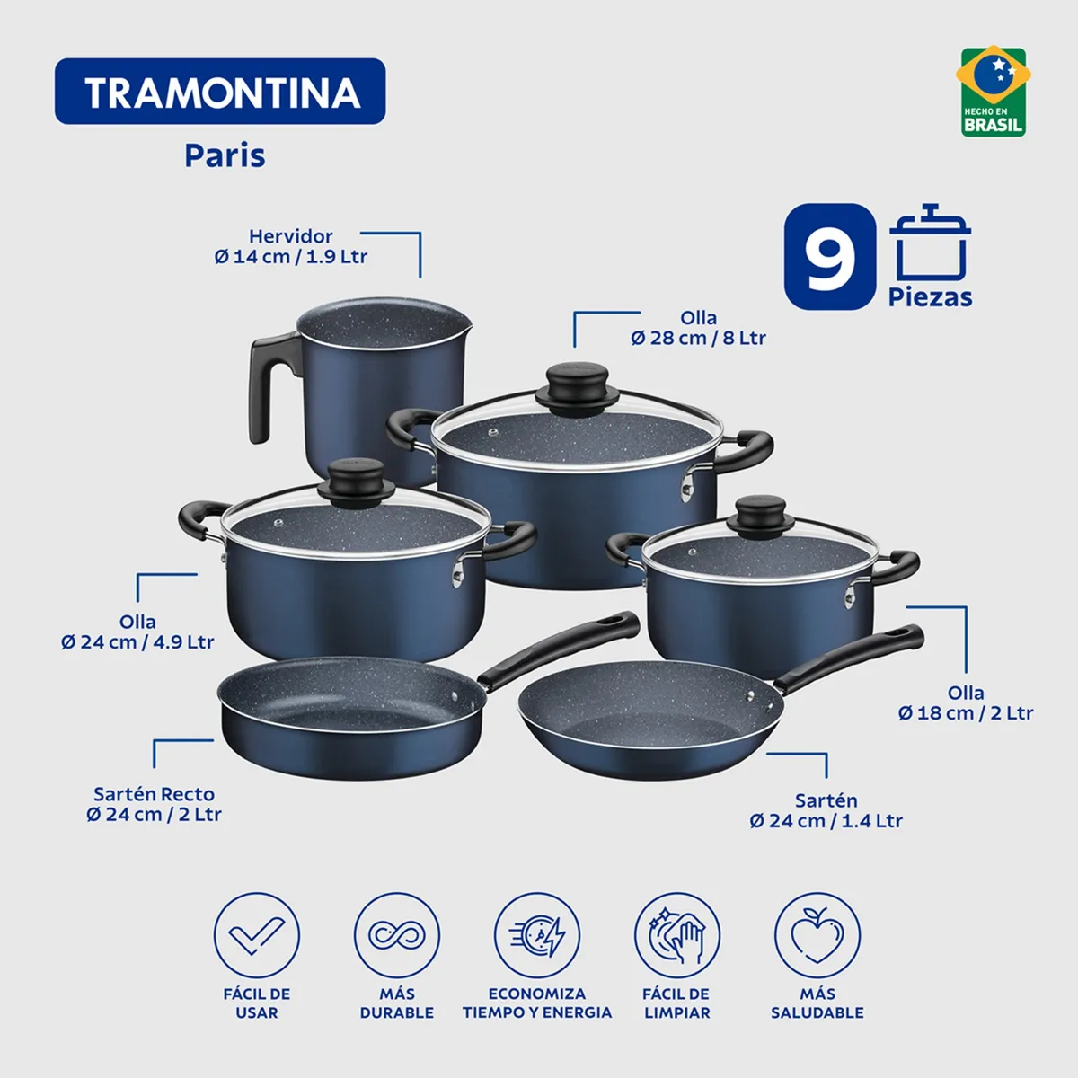 Tramontina Batería De Cocina 9 Piezas Azul-3