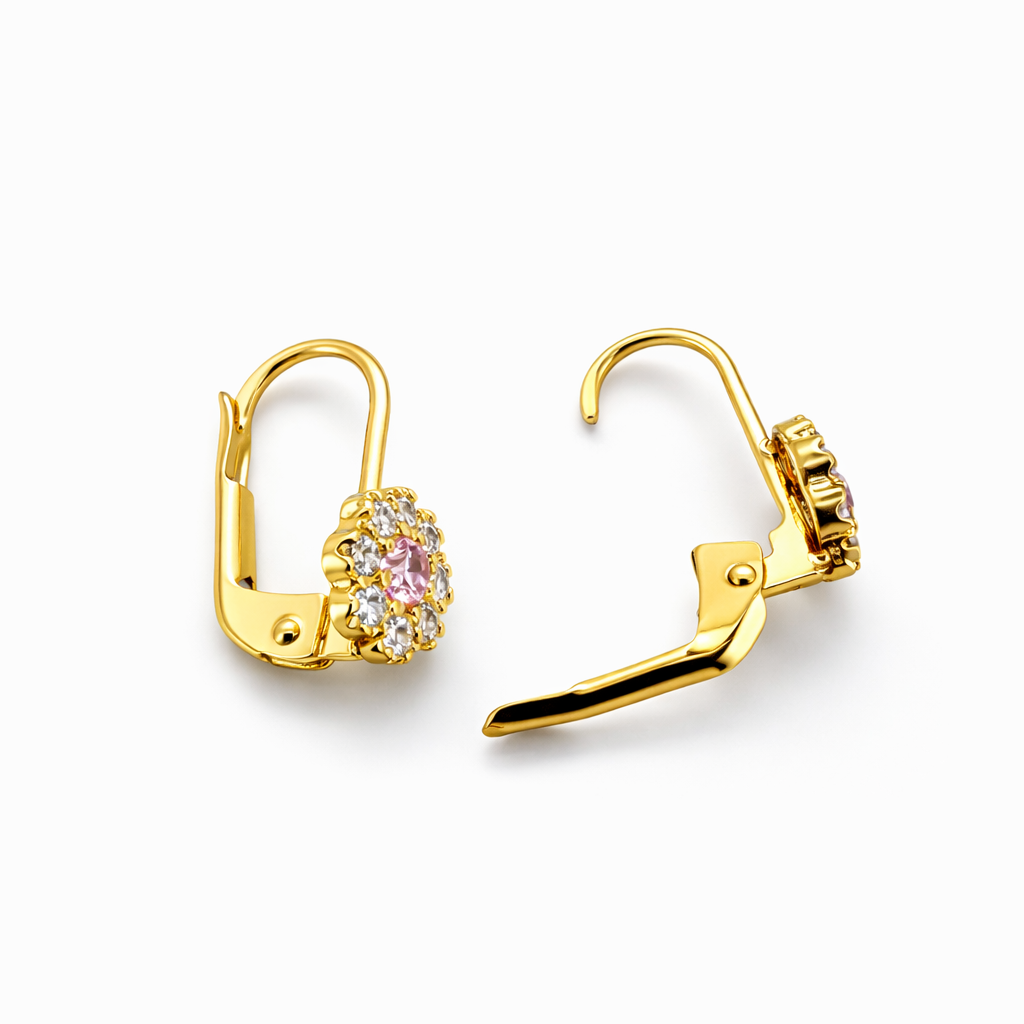 Aros Flor Cierre Frances Oro Amarillo 18K Piedra Rosa y Circones-2