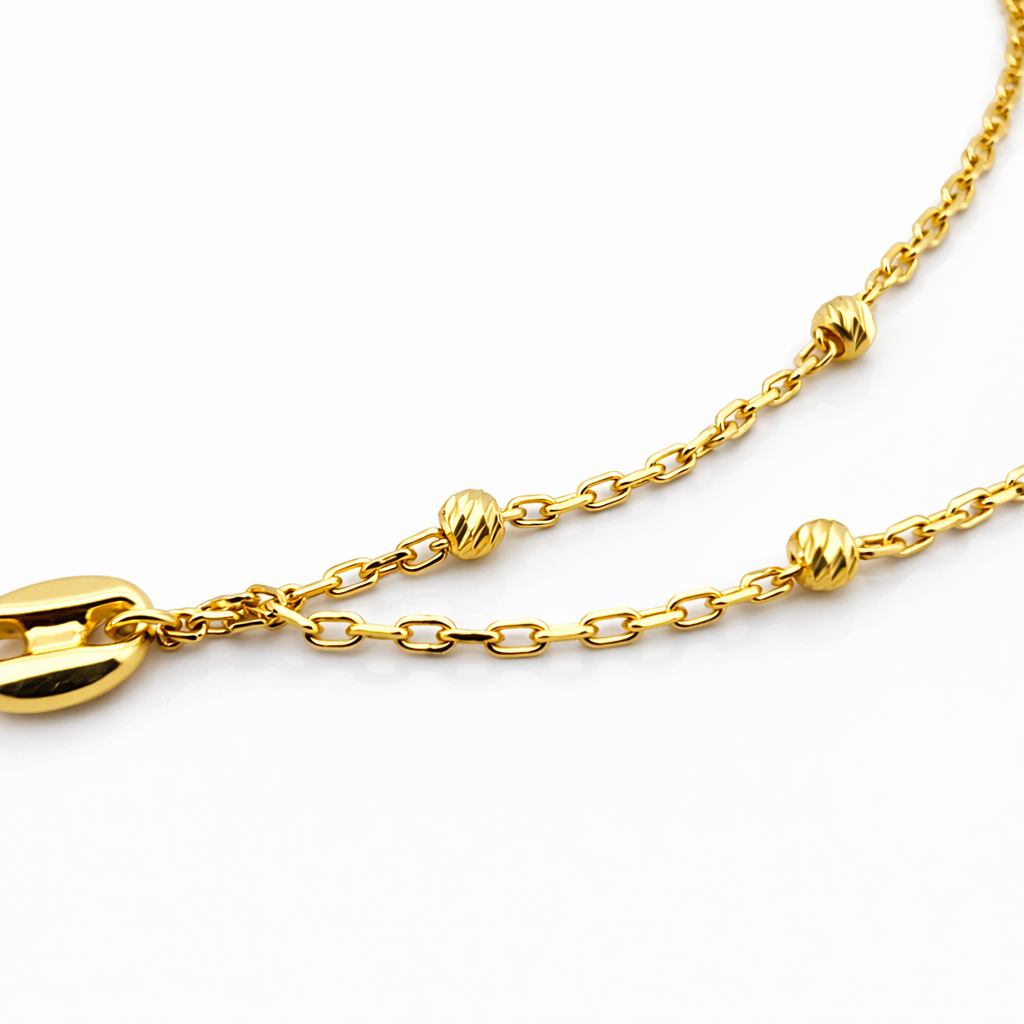 Pulsera Doble Cadena 6 Granos Oro Amarillo 18K-2