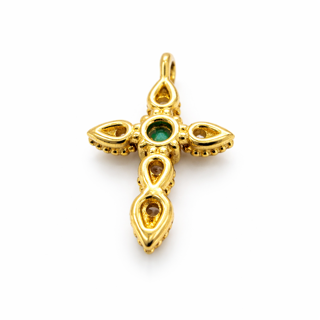 Colgante Cruz con 5 Piedras Blancas y una Verde Oro Amarillo 18K-2