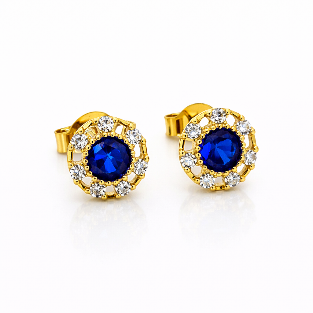 Aros Circulo Piedra Central Azul y Circones Oro Amarillo 18K-0
