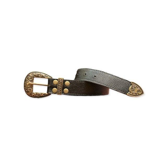 CINTURON CUERO NEGRO, HEBILLA ENVEJECIDA -1