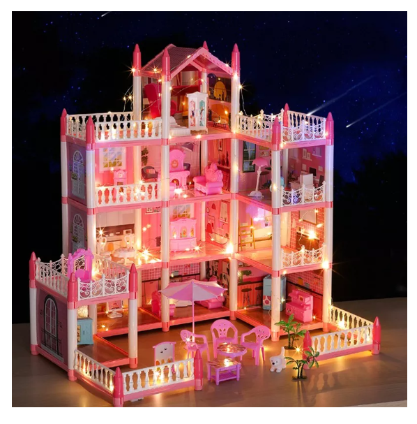 Casa de muñecas gzcb-mx Rosa con muebles-1